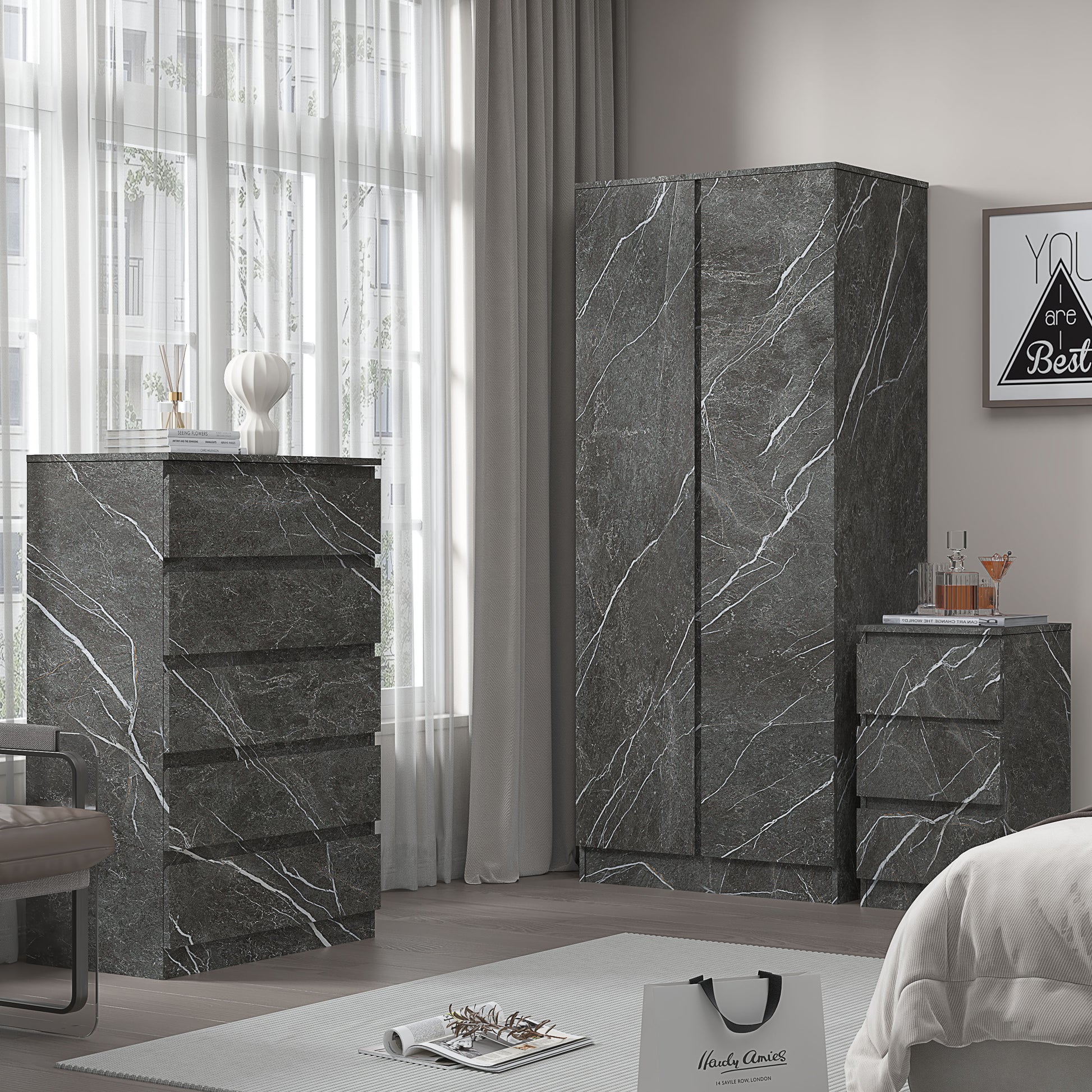 3pc grey marble wardrobe set 2 door 5 draw bedside