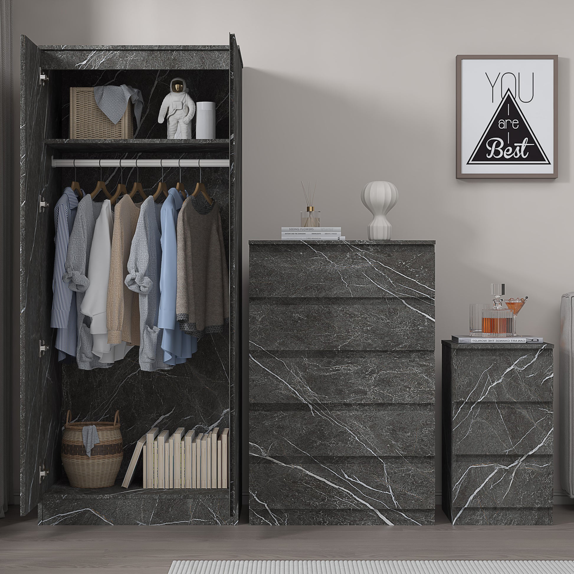 3pc grey marble wardrobe set 2 door 5 draw bedside