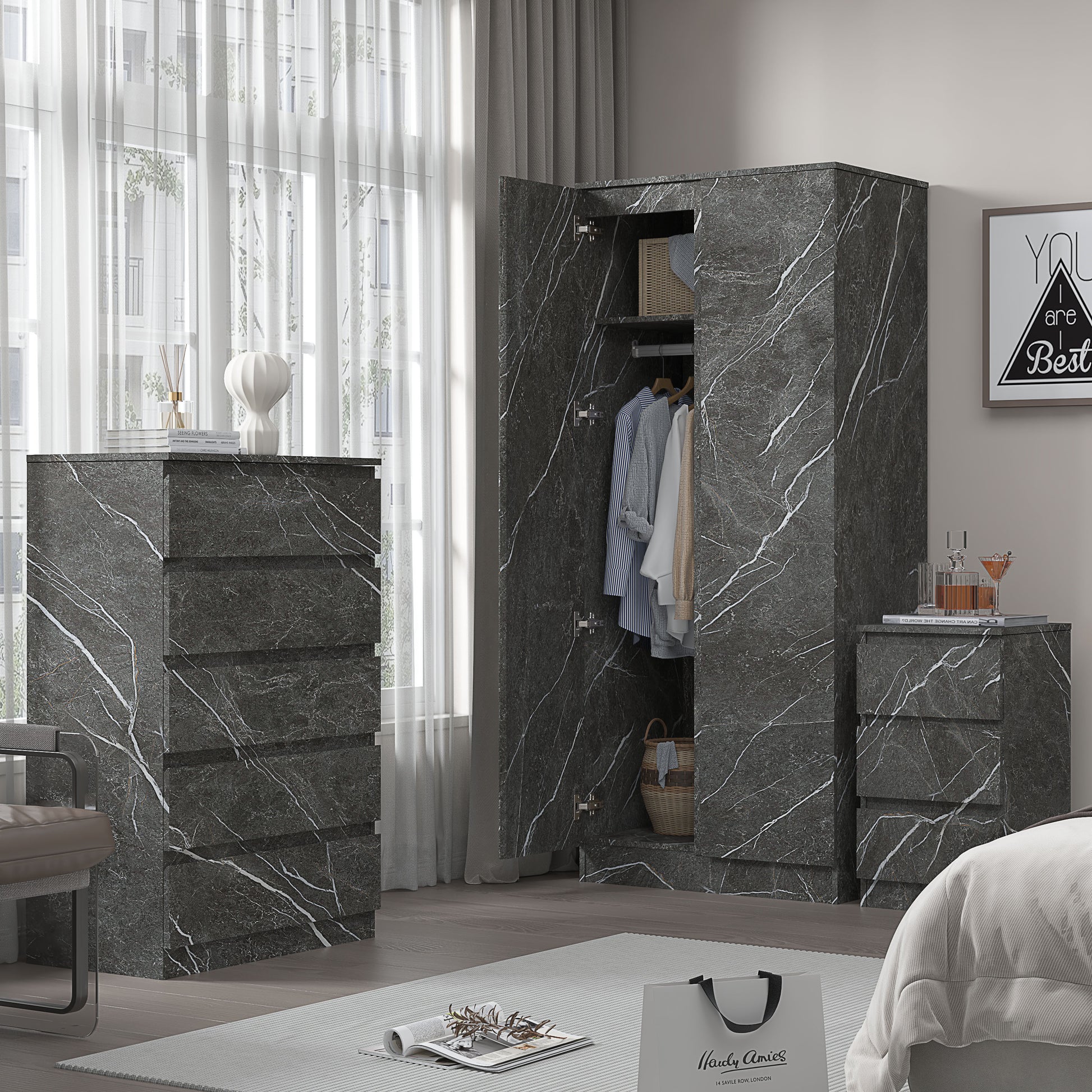 3pc grey marble wardrobe set 2 door 5 draw bedside