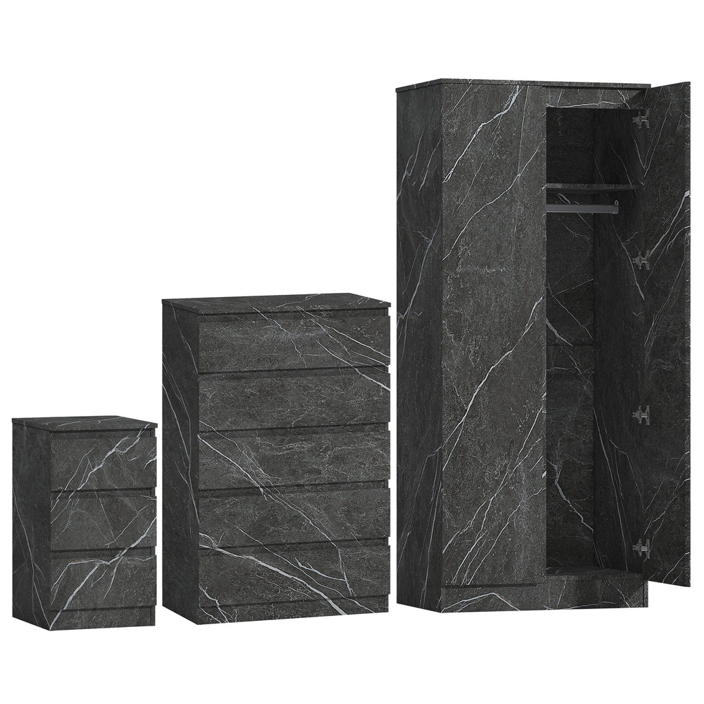 3pc grey marble wardrobe set 2 door 5 draw bedside