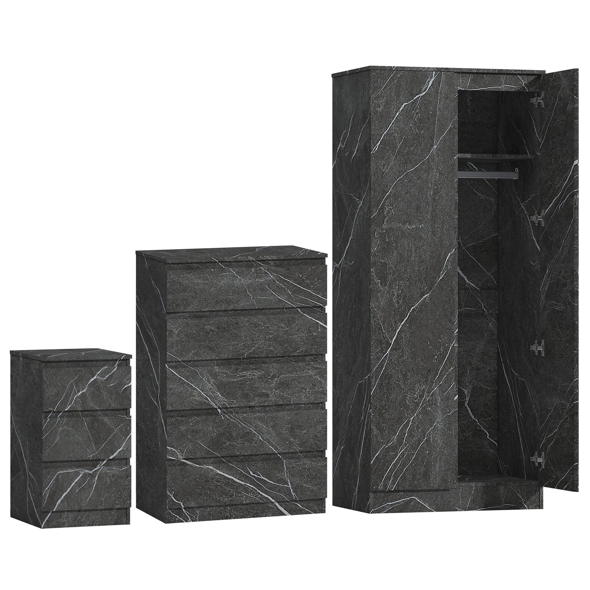 3pc grey marble wardrobe set 2 door 5 draw bedside