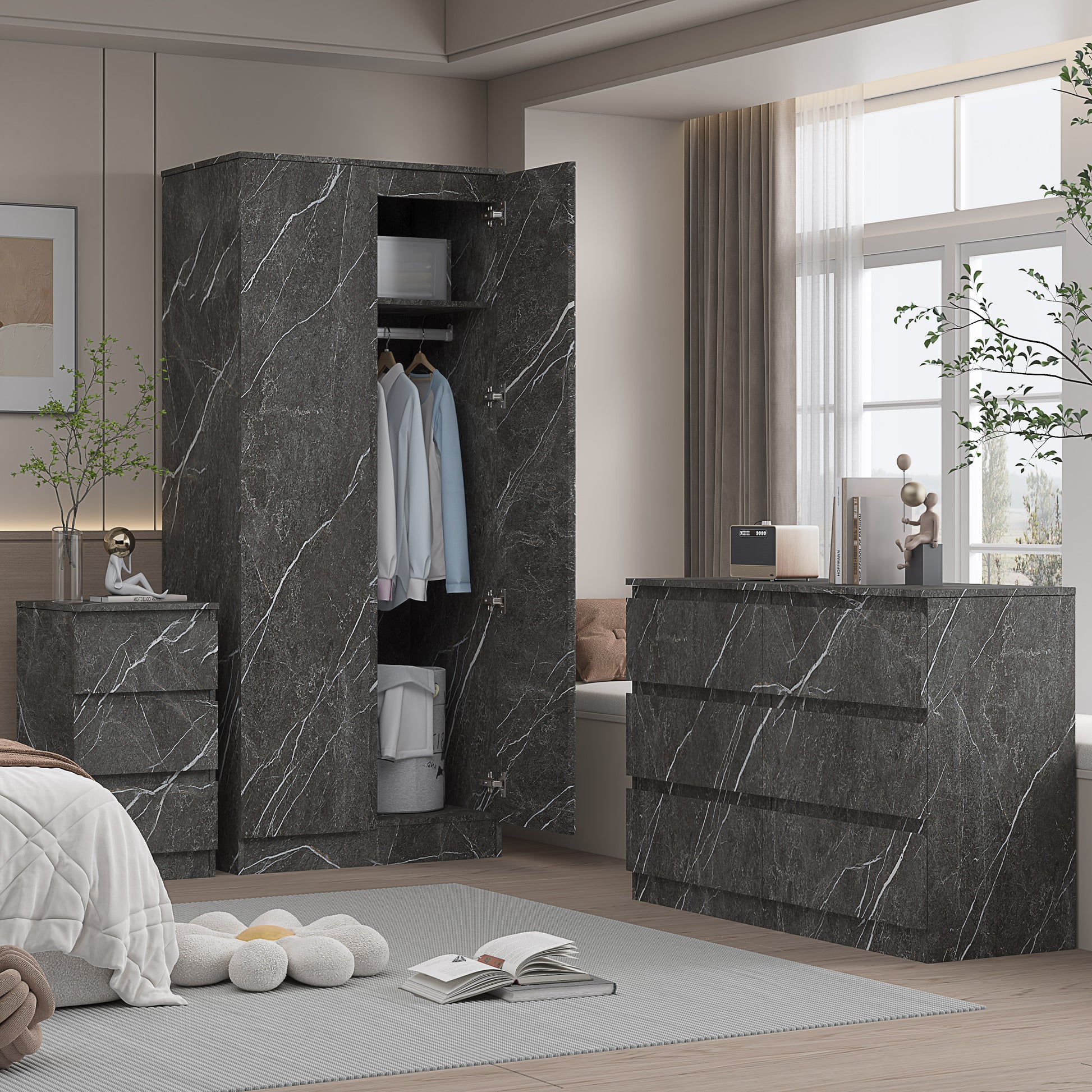 3pc grey marble wardrobe set 2 door 6 draw bedside