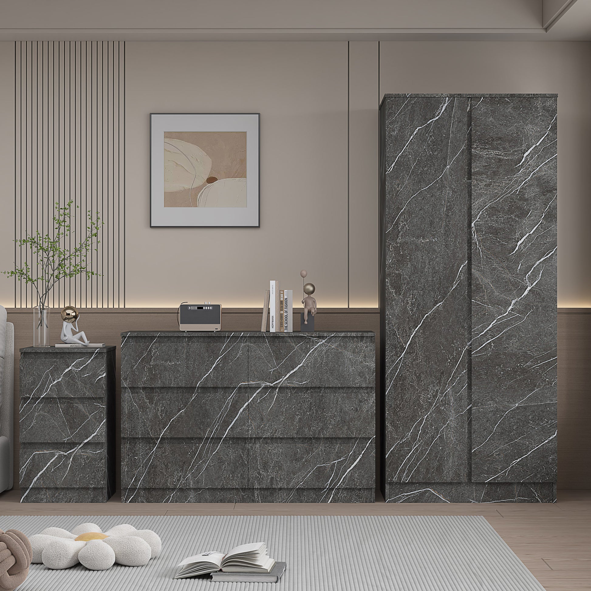 3pc grey marble wardrobe set 2 door 6 draw bedside