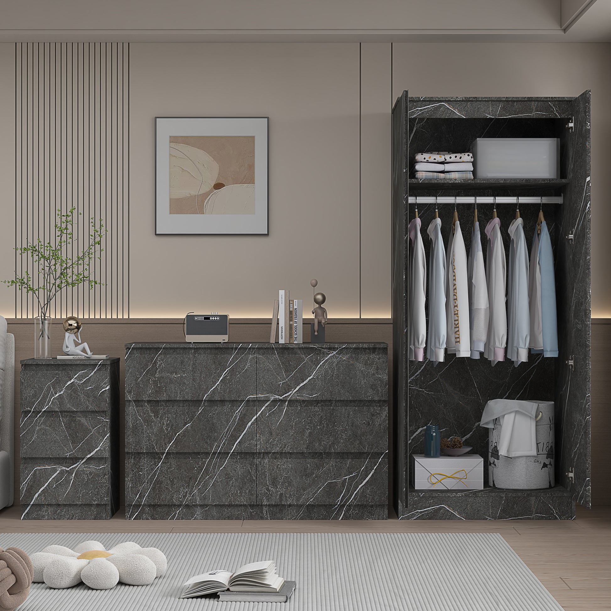 3pc grey marble wardrobe set 2 door 6 draw bedside