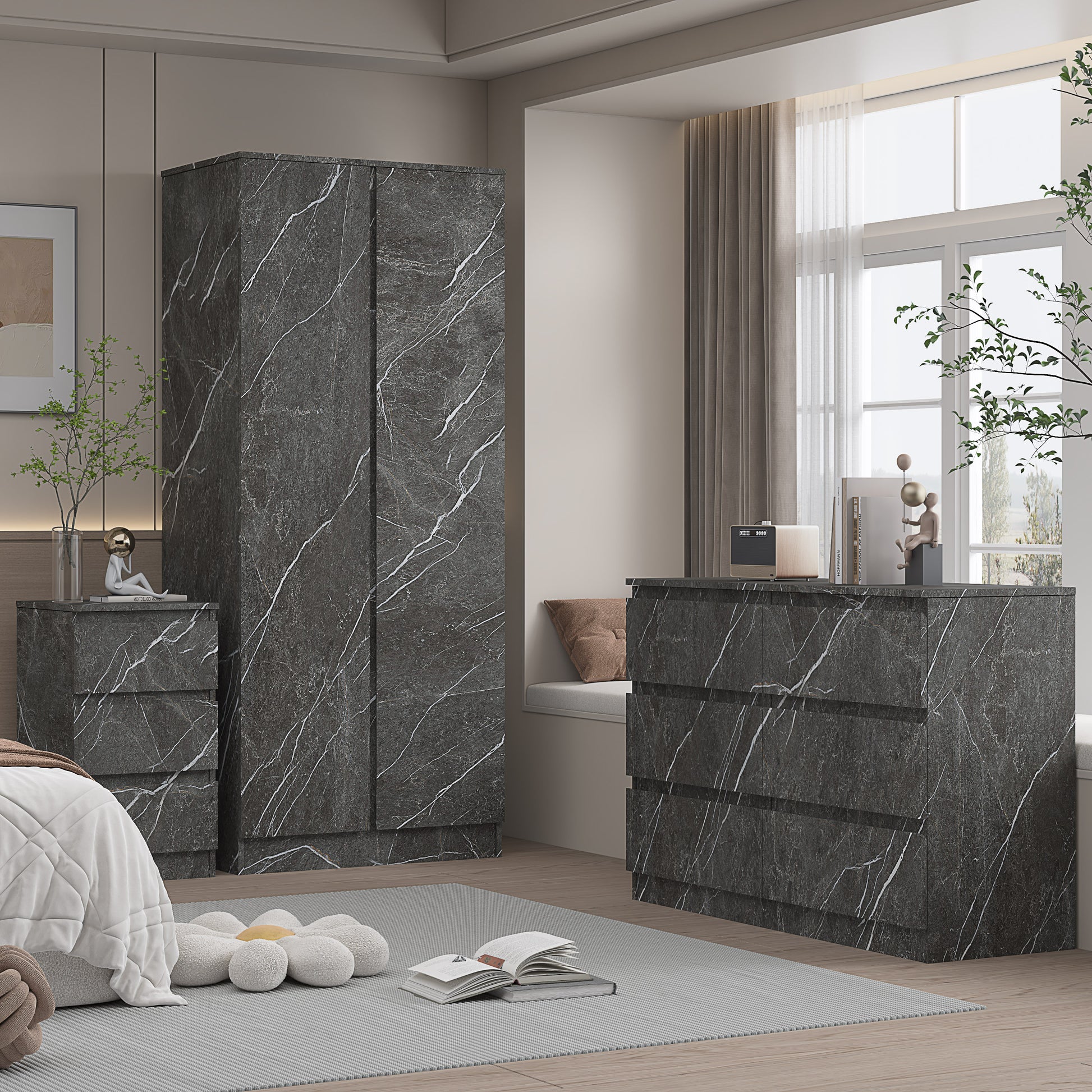 3pc grey marble wardrobe set 2 door 6 draw bedside