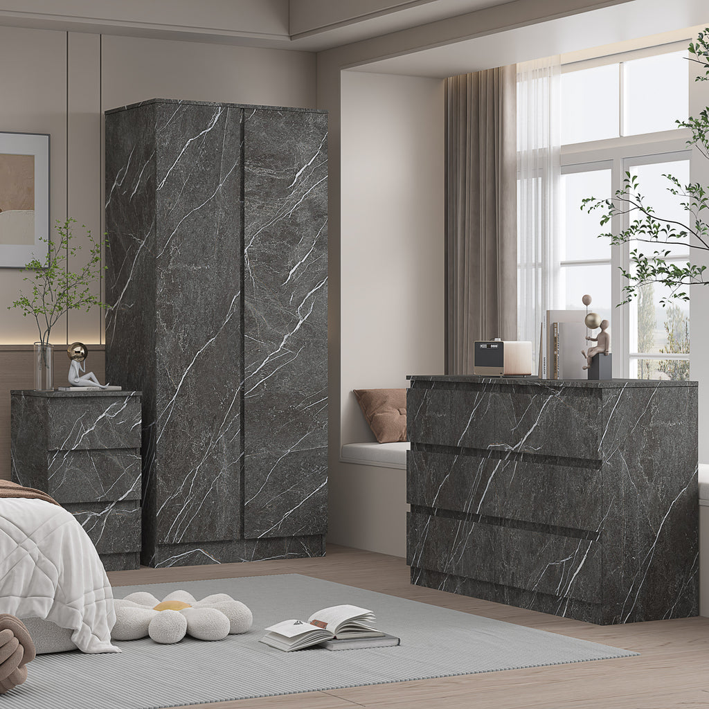 3pc grey marble wardrobe set 2 door 6 draw bedside