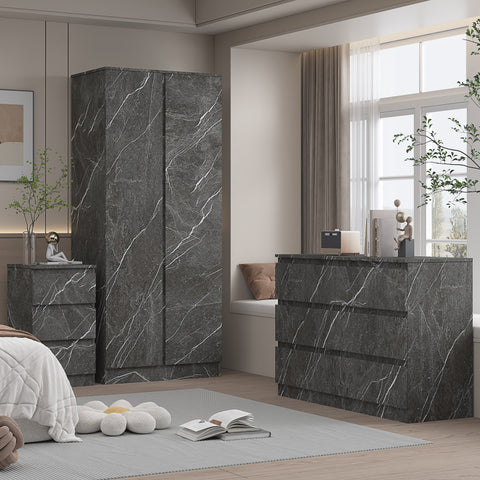 3pc grey marble wardrobe set 2 door 6 draw bedside