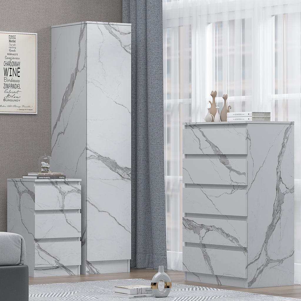 3pc white marble wardrobe set 1 door 5 draw bedside