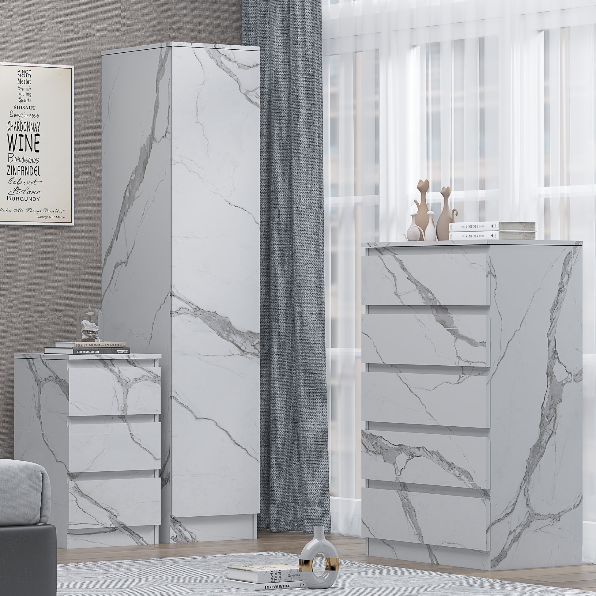 3pc white marble wardrobe set 1 door 5 draw bedside
