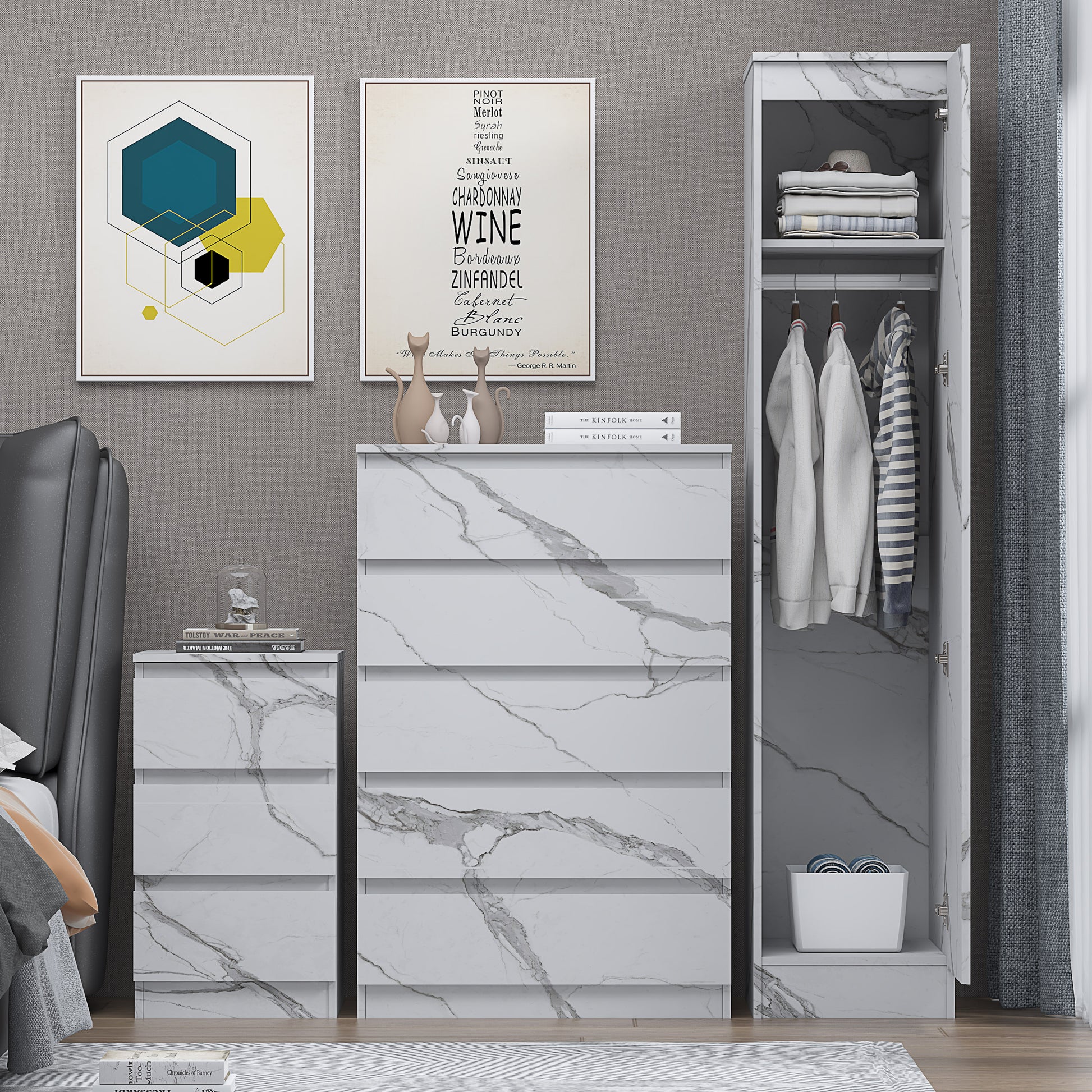 3pc white marble wardrobe set 1 door 5 draw bedside