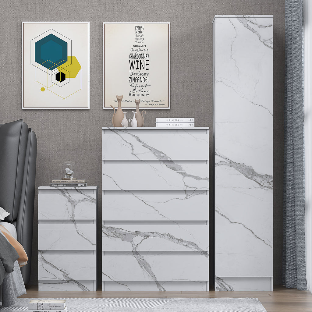 3pc white marble wardrobe set 1 door 5 draw bedside