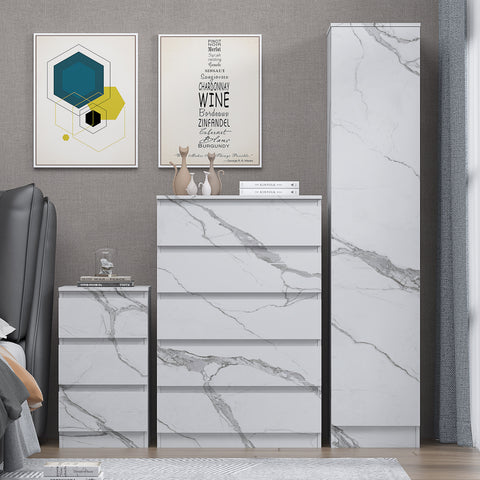 3pc white marble wardrobe set 1 door 5 draw bedside