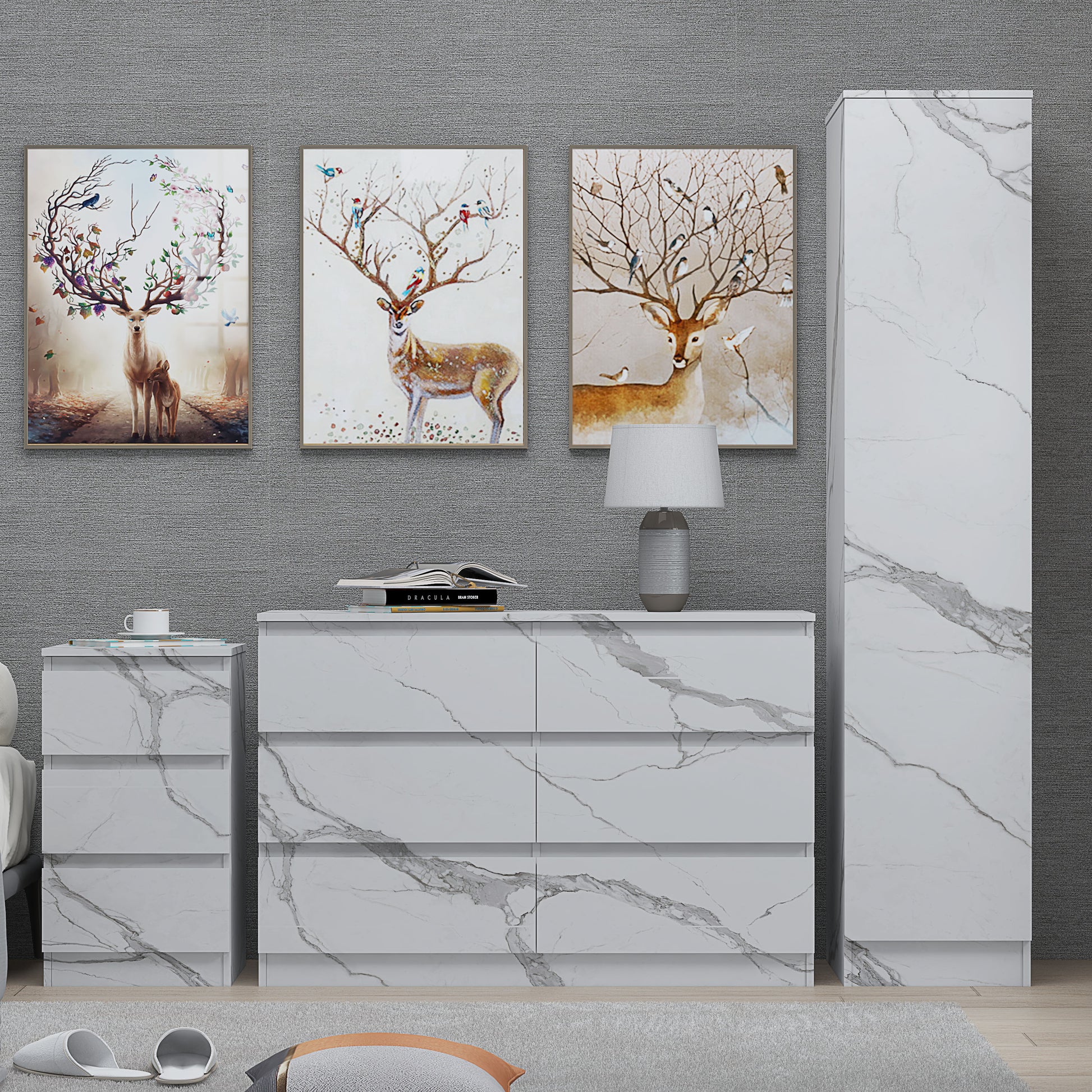 3pc white marble wardrobe set 1 door 6 draw bedside