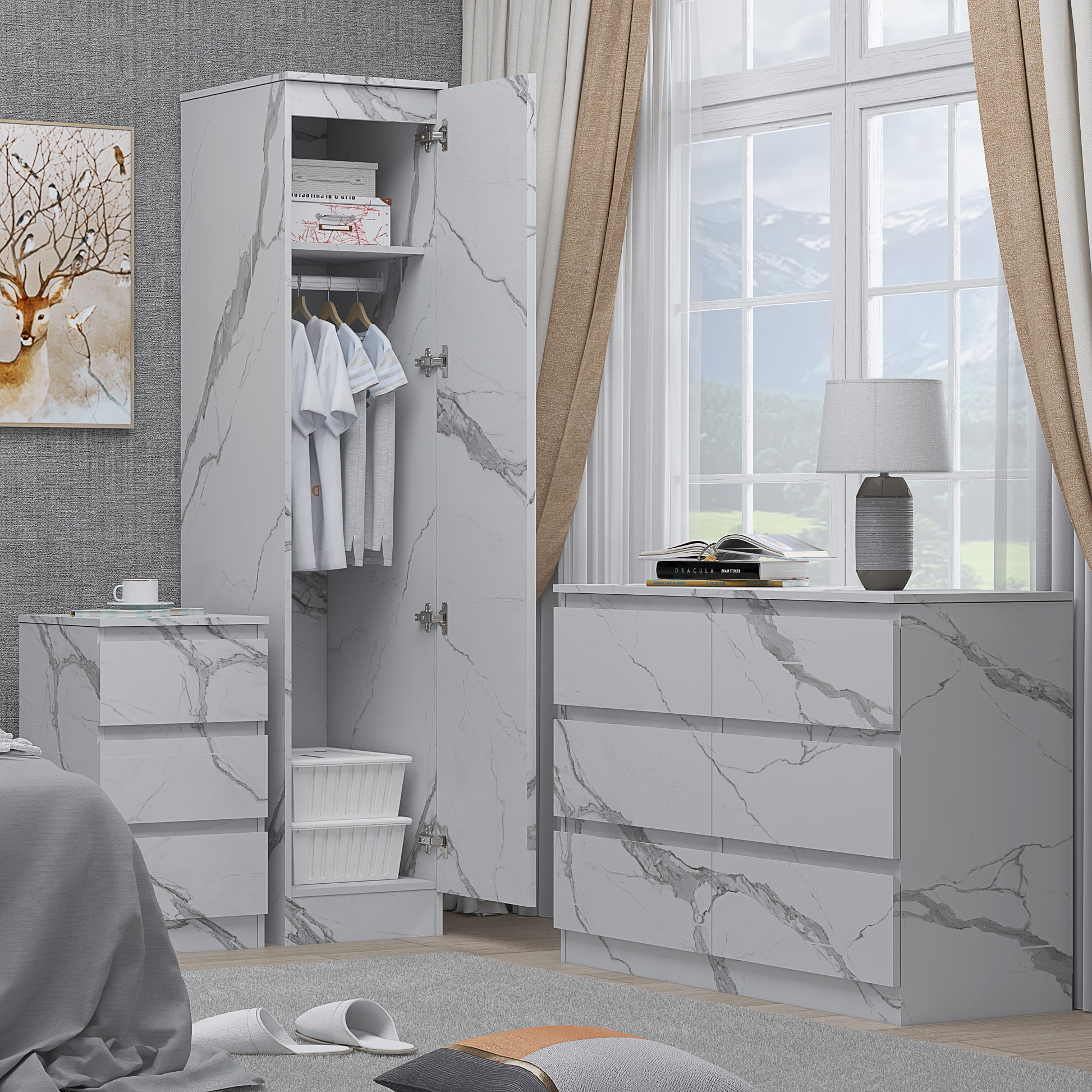 3pc white marble wardrobe set 1 door 6 draw bedside