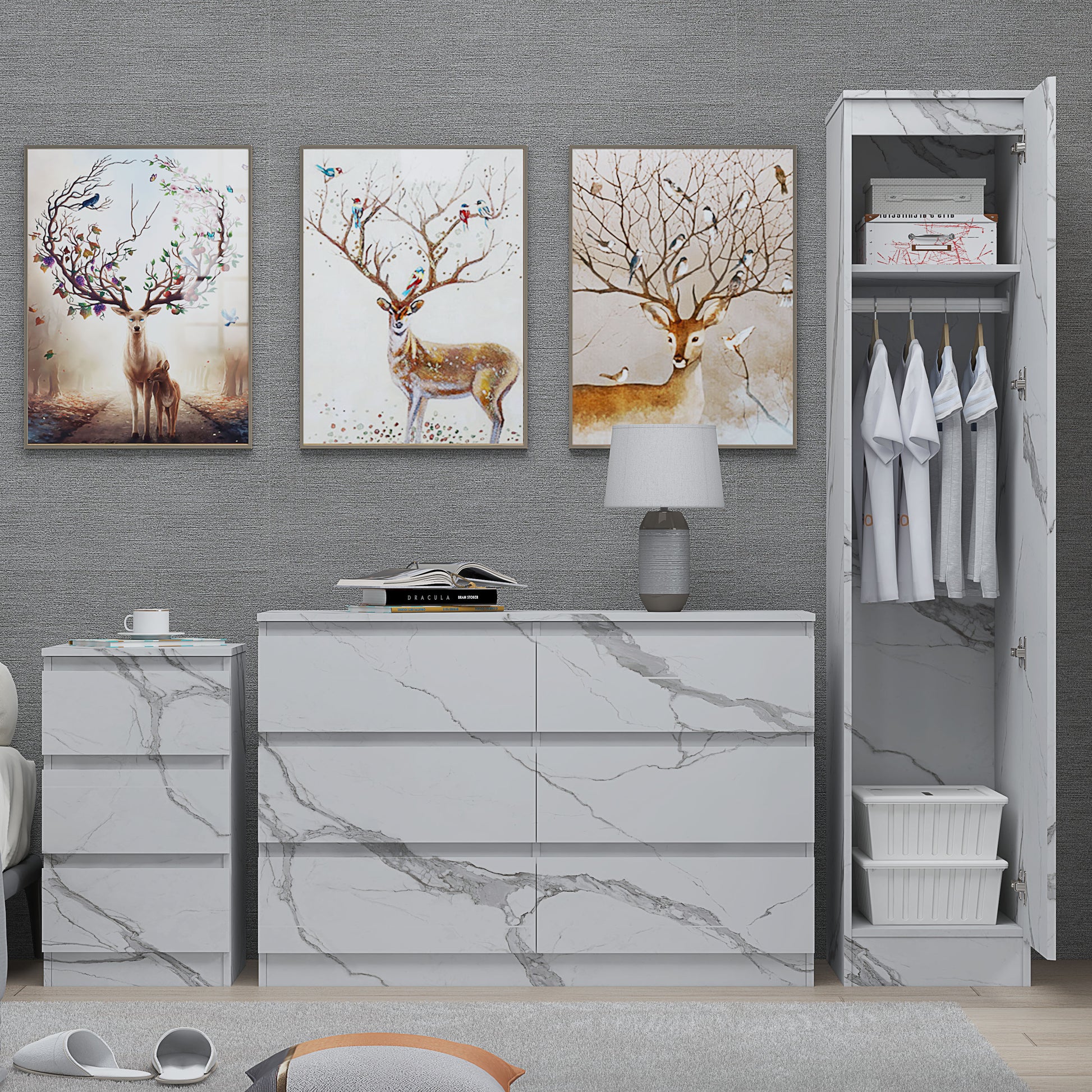 3pc white marble wardrobe set 1 door 6 draw bedside