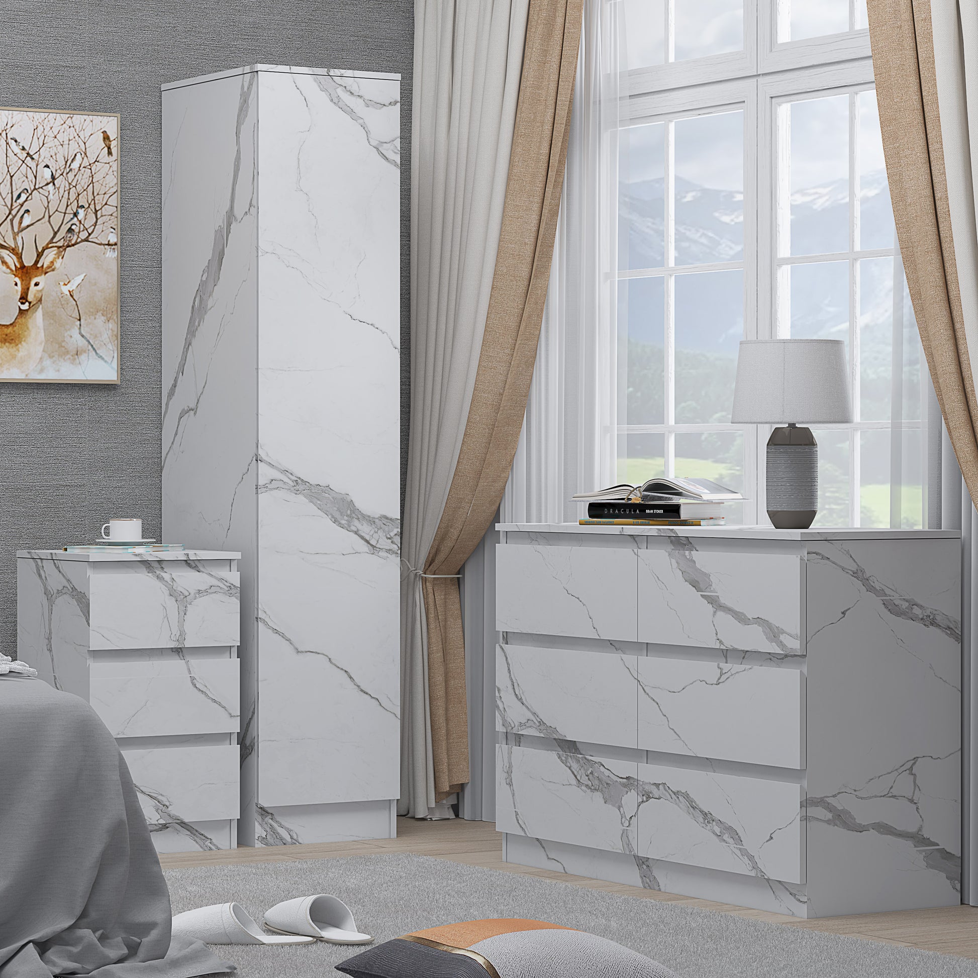 3pc white marble wardrobe set 1 door 6 draw bedside