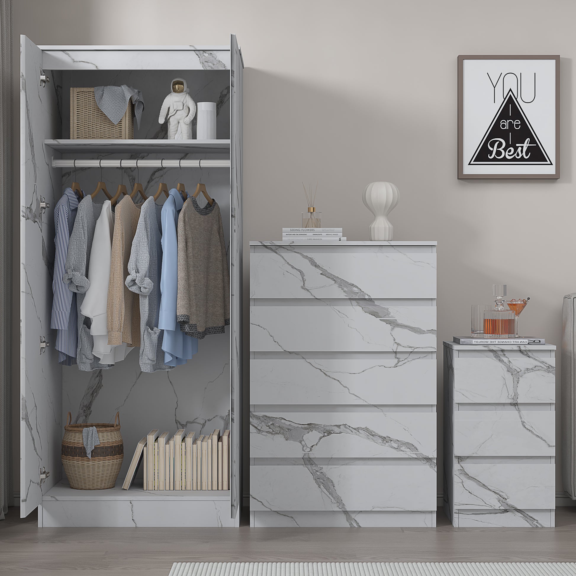 3pc white marble wardrobe set 2 door 5 draw bedside