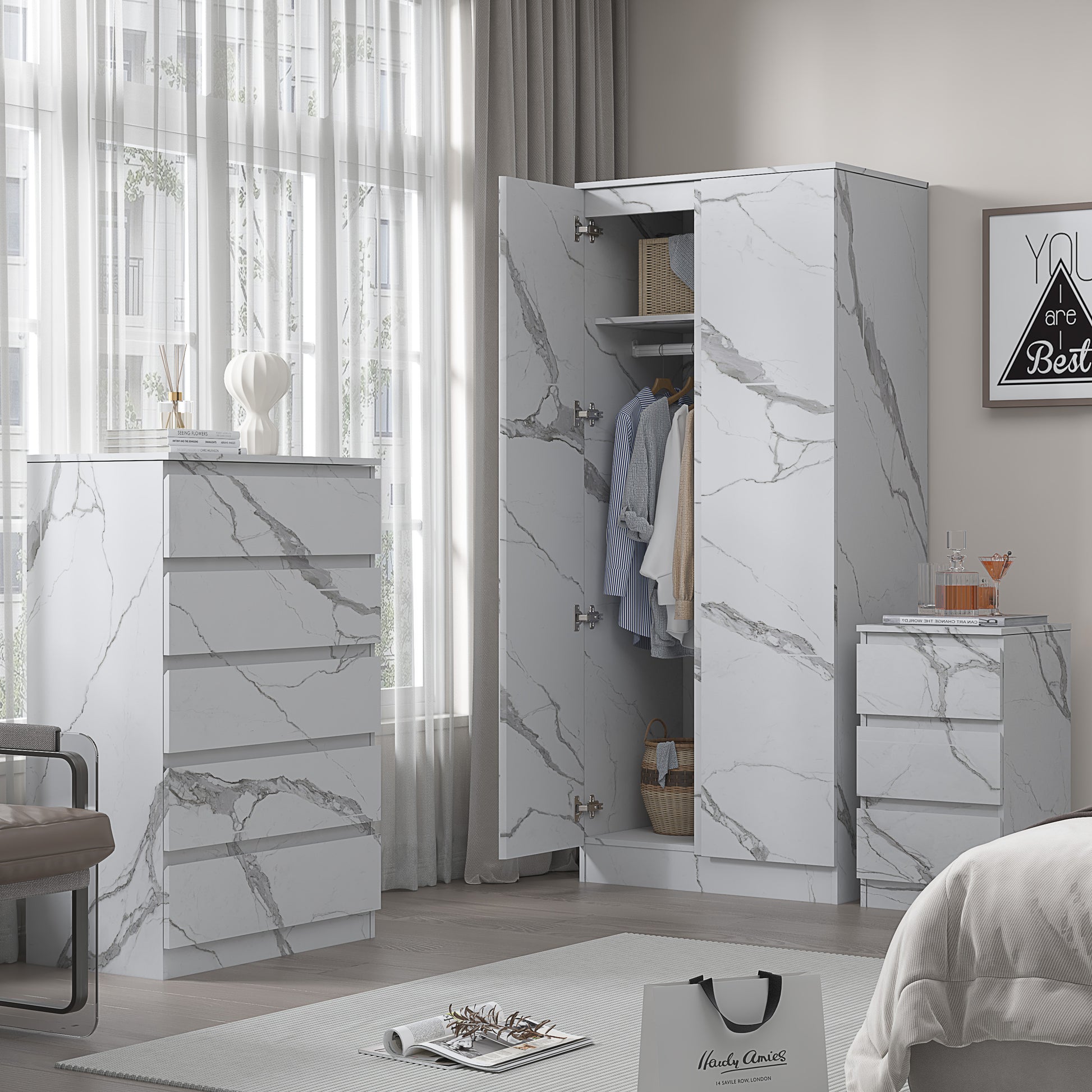 3pc white marble wardrobe set 2 door 5 draw bedside