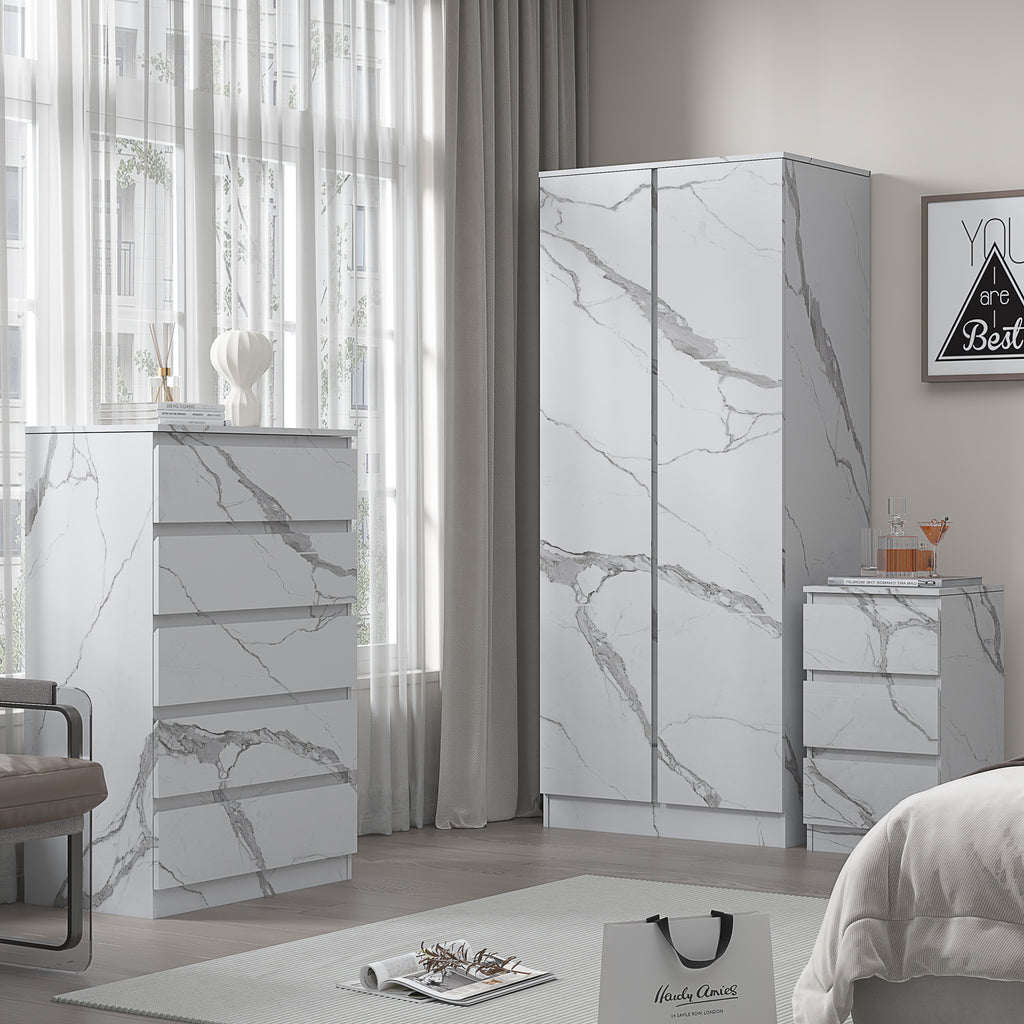 3pc white marble wardrobe set 2 door 5 draw bedside