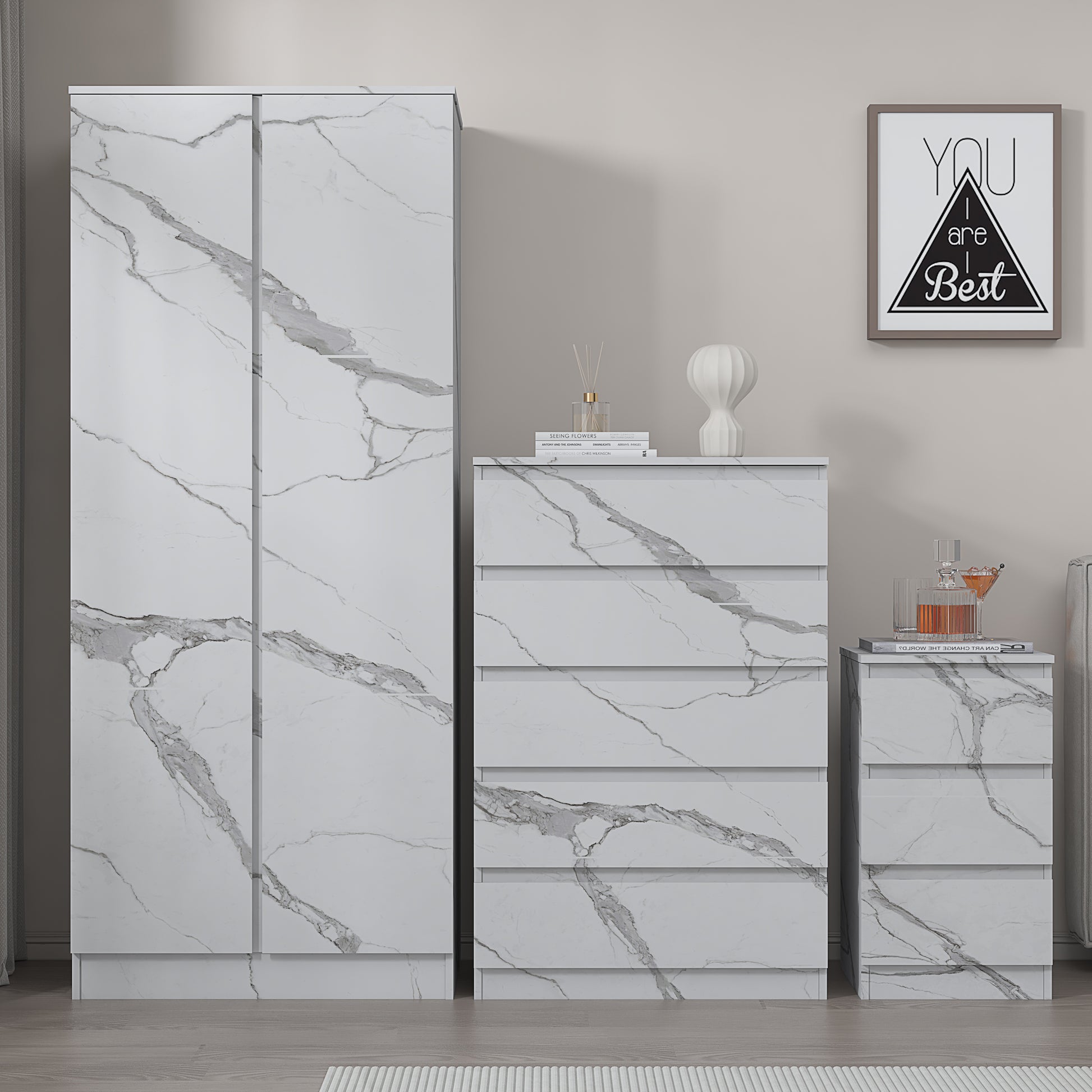 3pc white marble wardrobe set 2 door 5 draw bedside