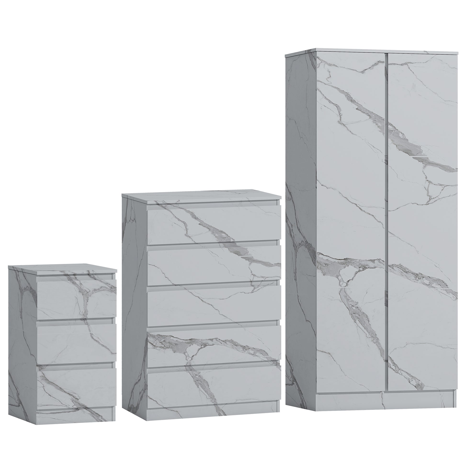 3pc white marble wardrobe set 2 door 5 draw bedside