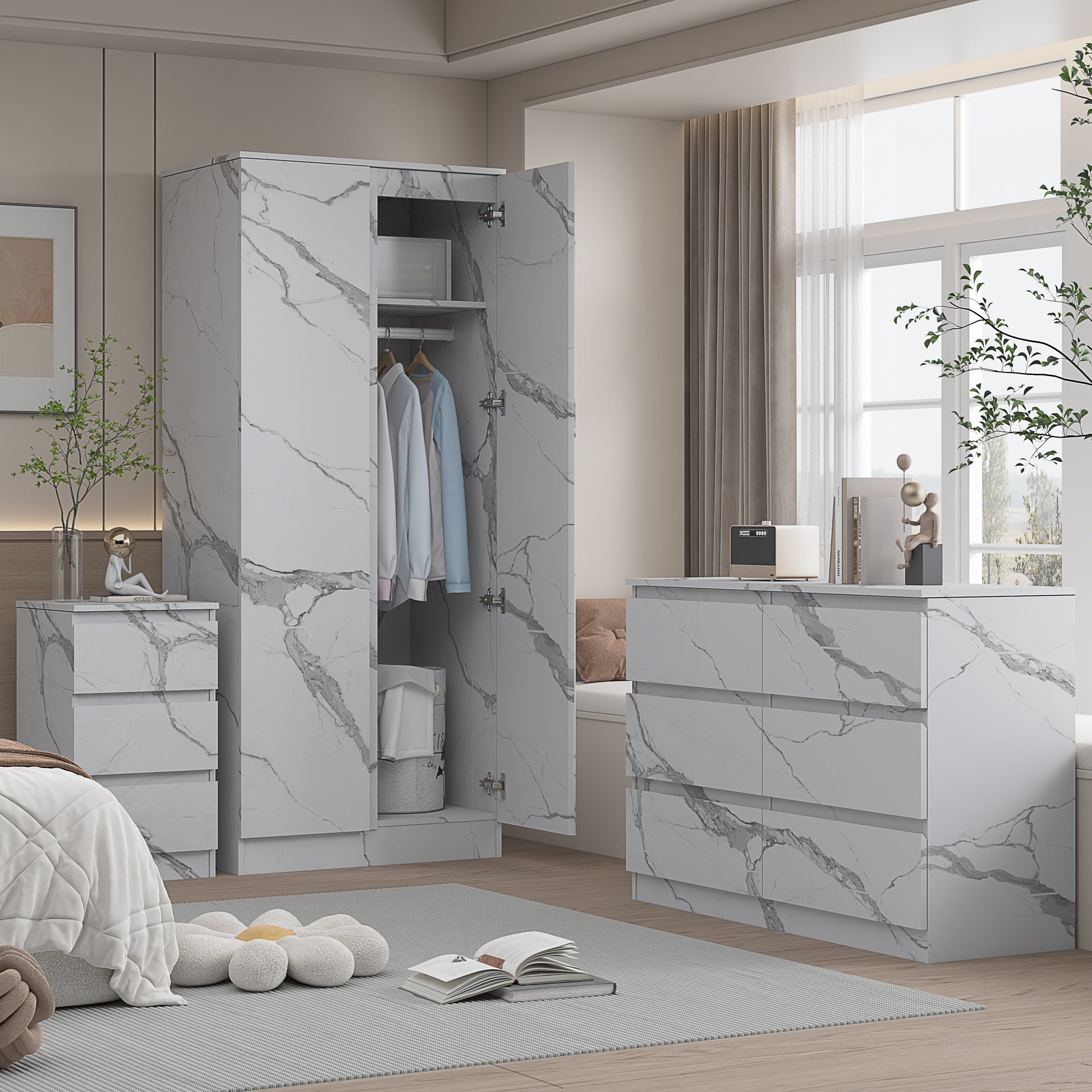 3pc white marble wardrobe set 2 door 6 draw bedside