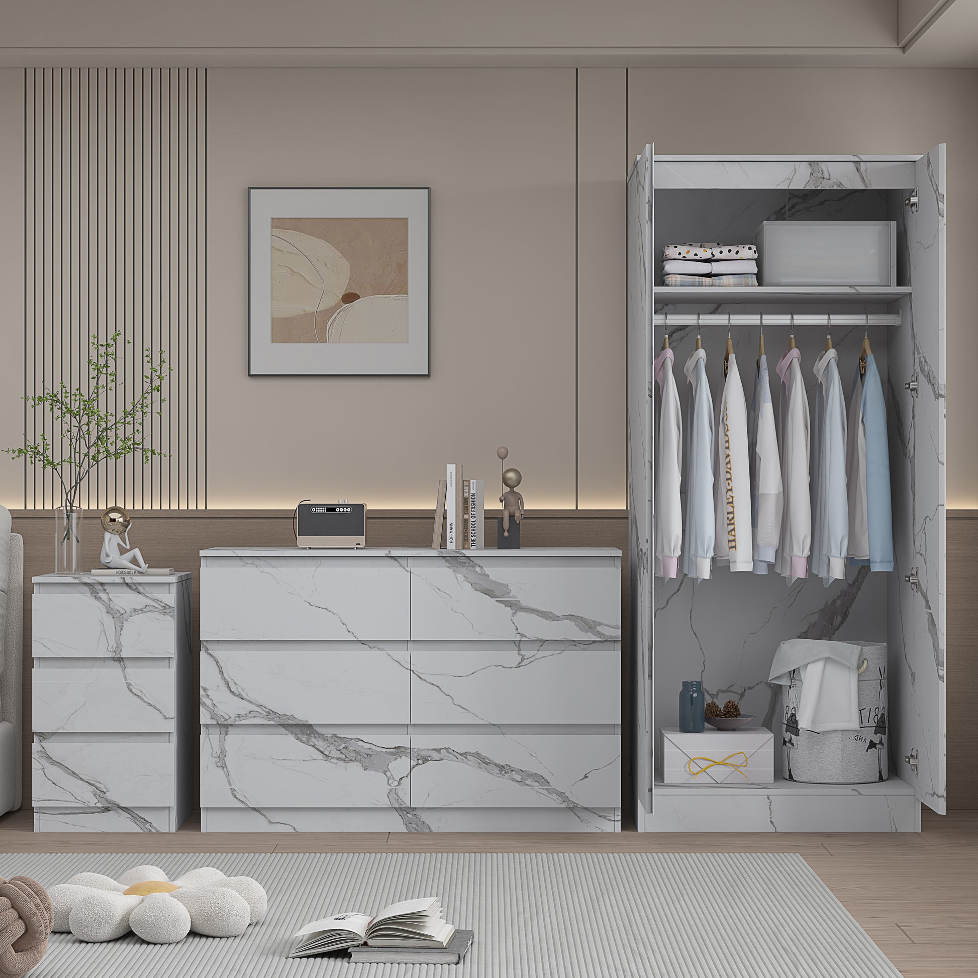 3pc white marble wardrobe set 2 door 6 draw bedside