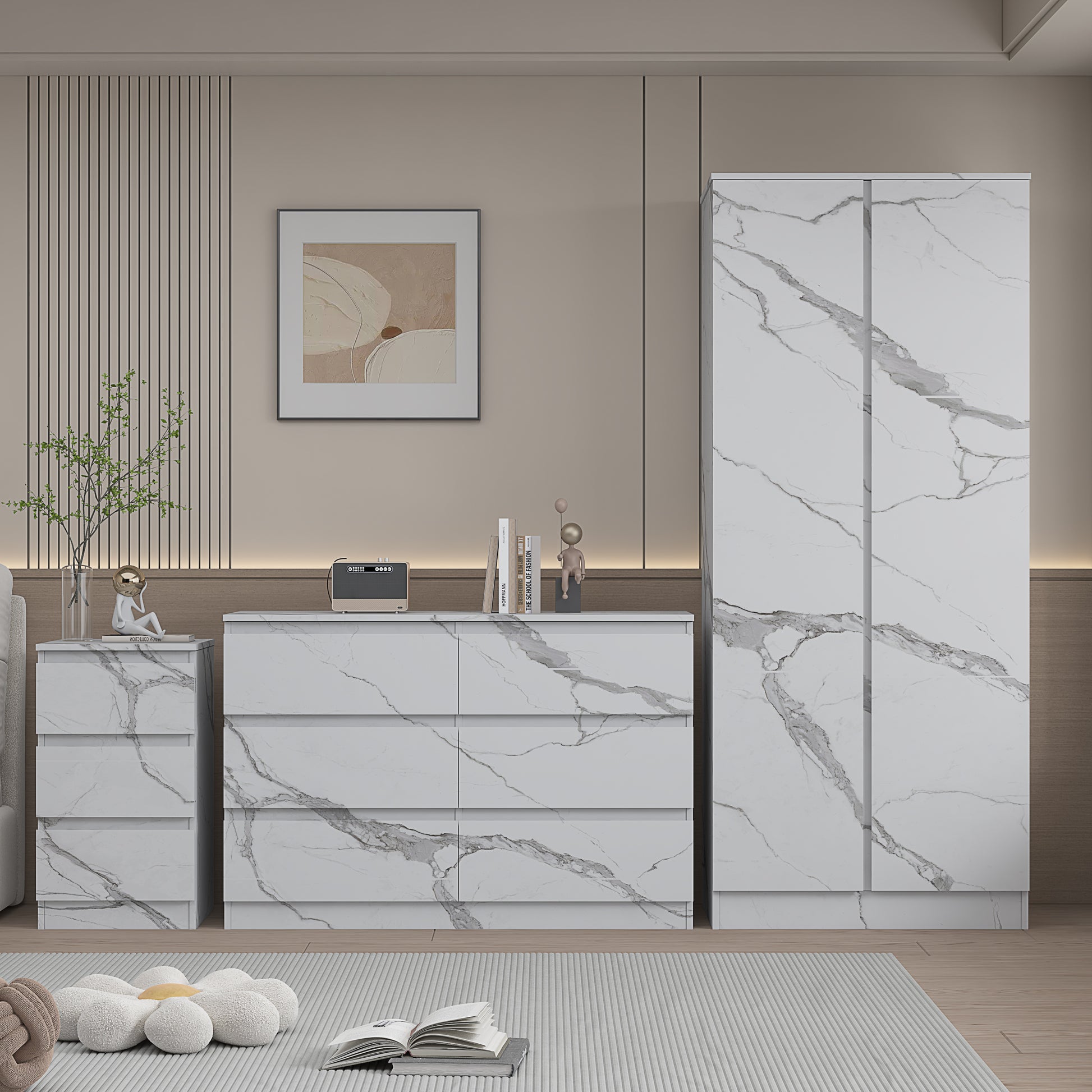 3pc white marble wardrobe set 2 door 6 draw bedside
