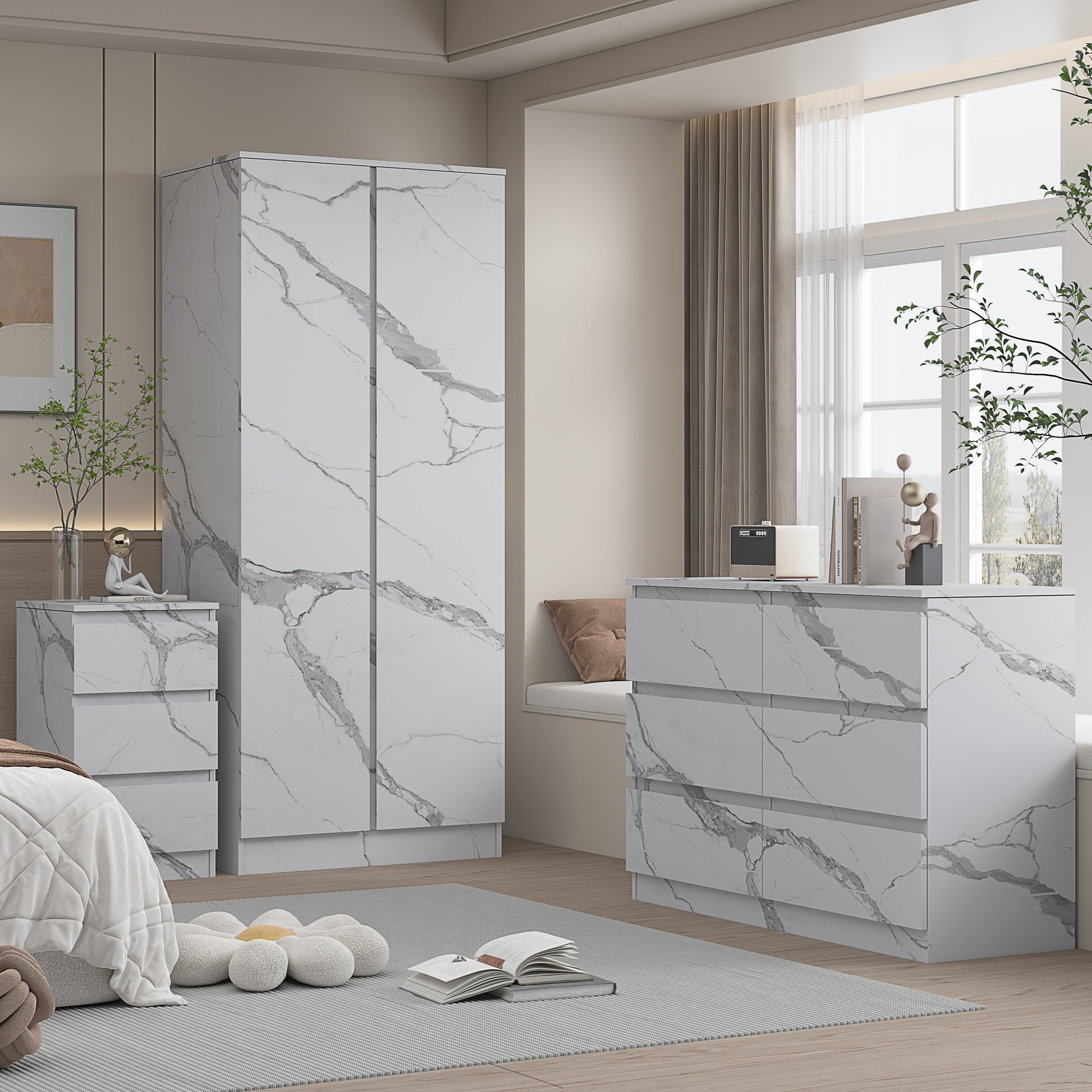 3pc white marble wardrobe set 2 door 6 draw bedside