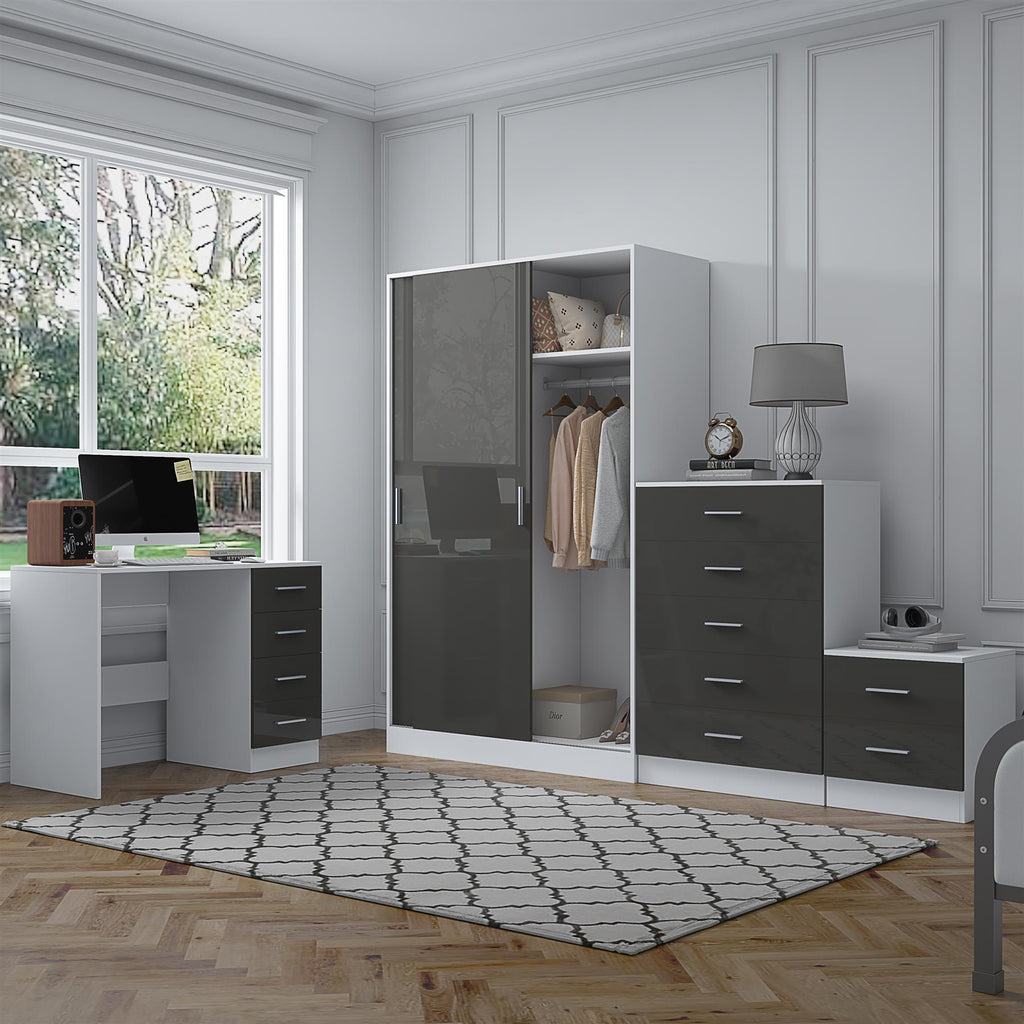 Reflect 2 Door Sliding Wardrobe, 5 Drawer Chest, 2 Drawer Bedside & Desk - Grey Gloss & Matt White - Modern Bedroom Furniture Set