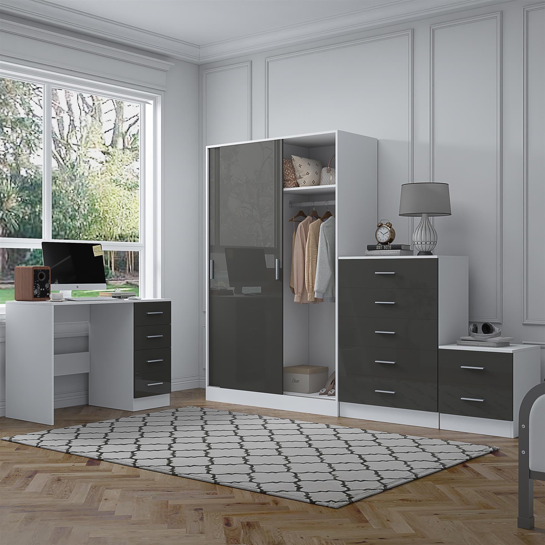Reflect 2 Door Sliding Wardrobe, 5 Drawer Chest, 2 Drawer Bedside & Desk - Grey Gloss & Matt White - Modern Bedroom Furniture Set