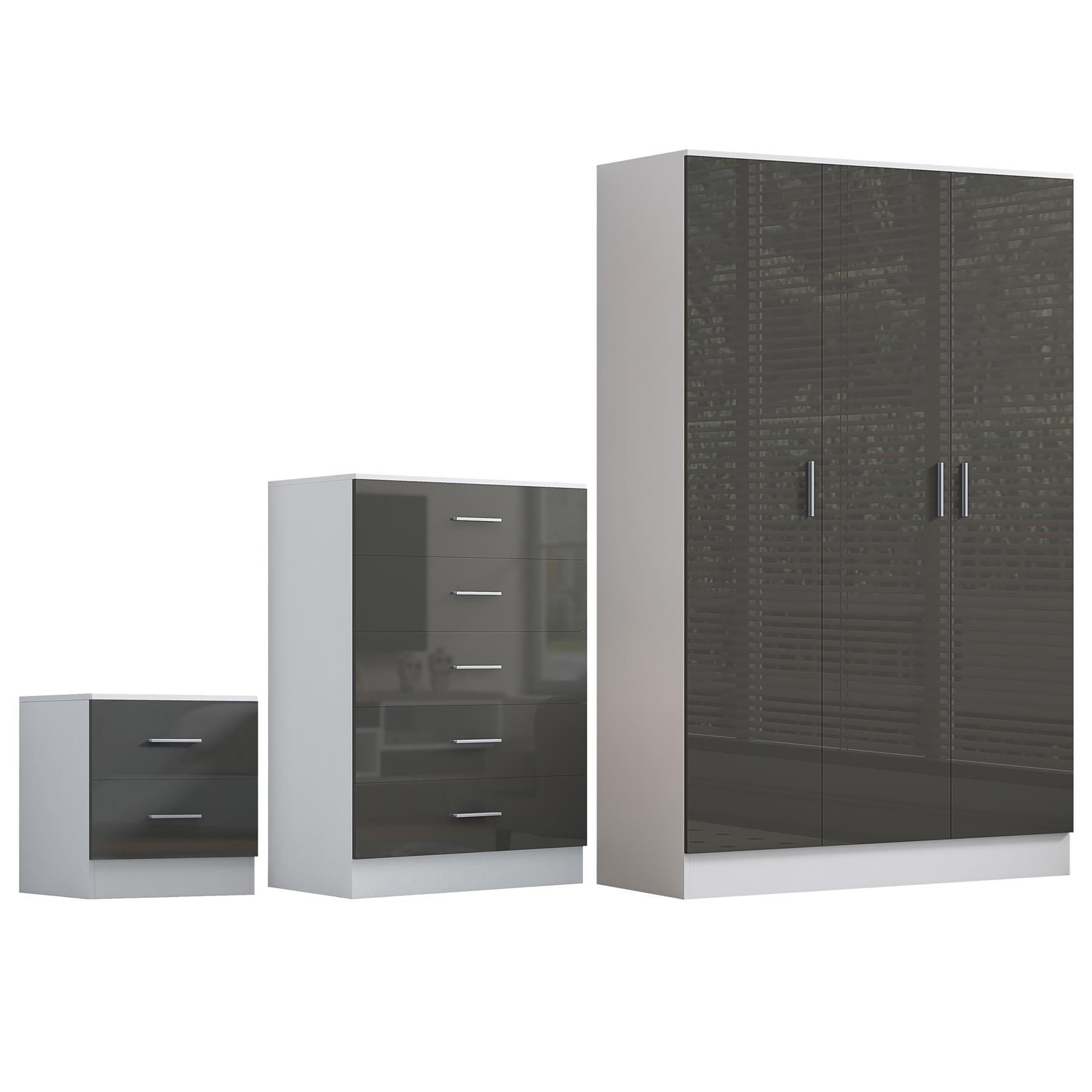 Reflect 3 Door Plain Wardrobe, 5 Drawer Chest, 2 Drawer Bedside - Grey Gloss & Matt White - Modern Bedroom Furniture Set