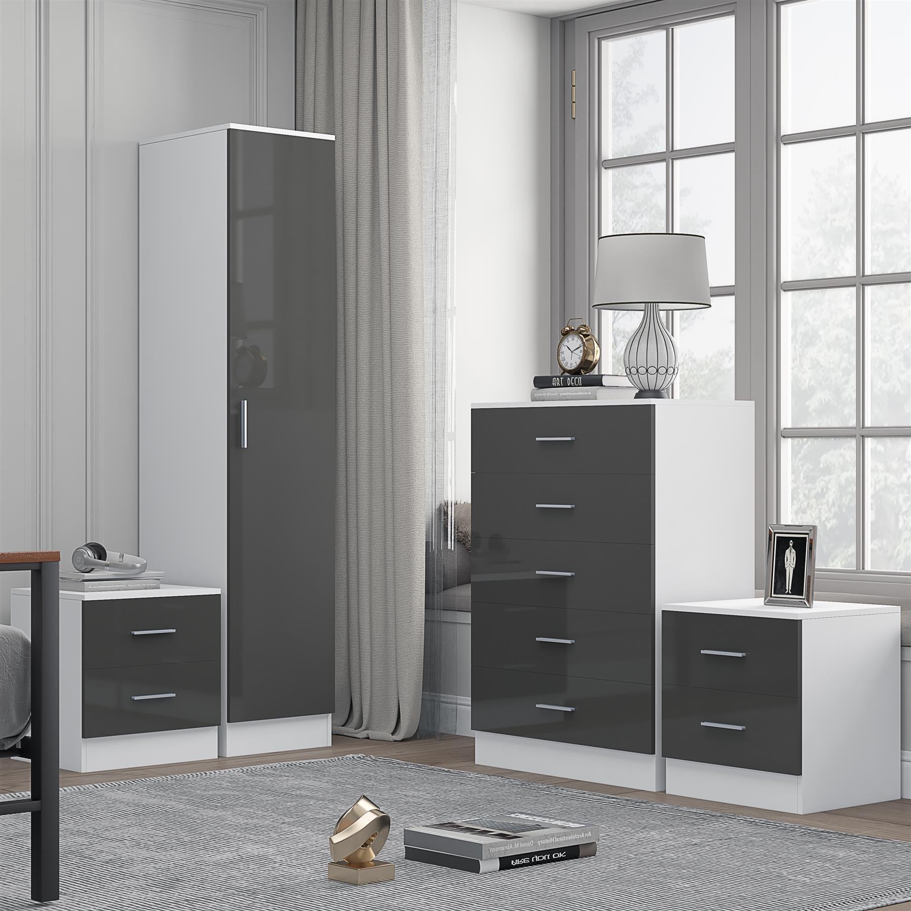 REFLECT Gloss 4pc Bedroom Set - 1 Door Wardrobe + 5 Draw Chest + 2 Bedsides