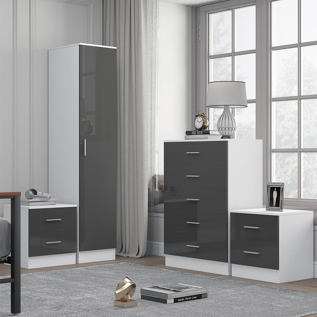 Reflect 1 Door Plain Wardrobe, 5 Drawer Chest, 2x 2 Drawer Bedsides - Grey Gloss & Matt White - Modern Bedroom Furniture Set