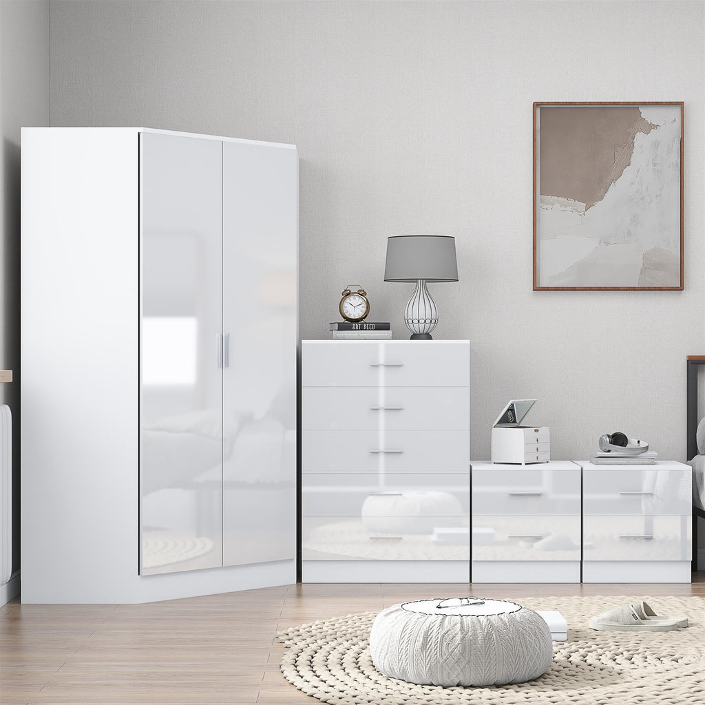 Reflect 2 Door Corner Wardrobe, 5 Drawer Chest, 2x 2 Drawer Bedsides - White Gloss & Matt White - Bedroom Furniture Set