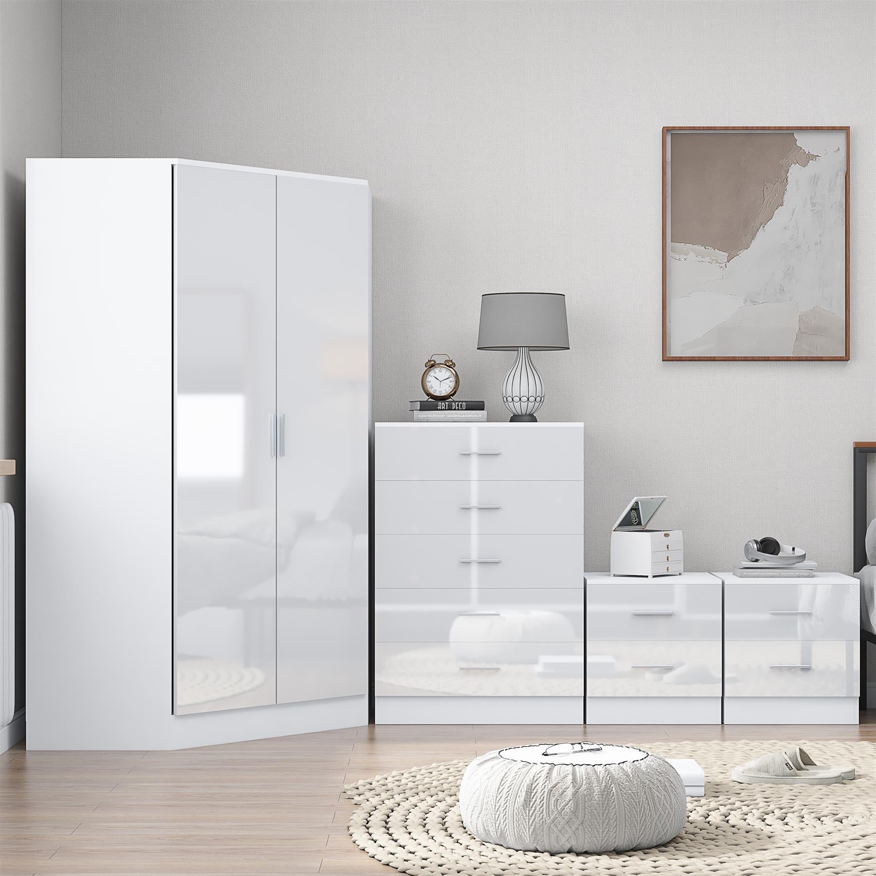 Reflect 2 Door Corner Wardrobe, 5 Drawer Chest, 2x 2 Drawer Bedsides - White Gloss & Matt White - Bedroom Furniture Set