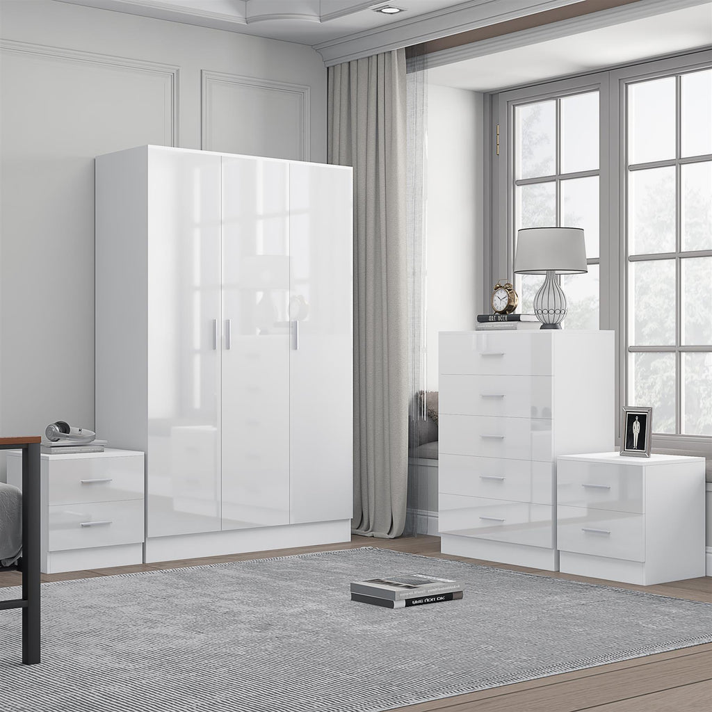 REFLECT Gloss 4pc Bedroom Set - 3 Door Wardrobe + 5 Draw Chest + 2 Bedsides