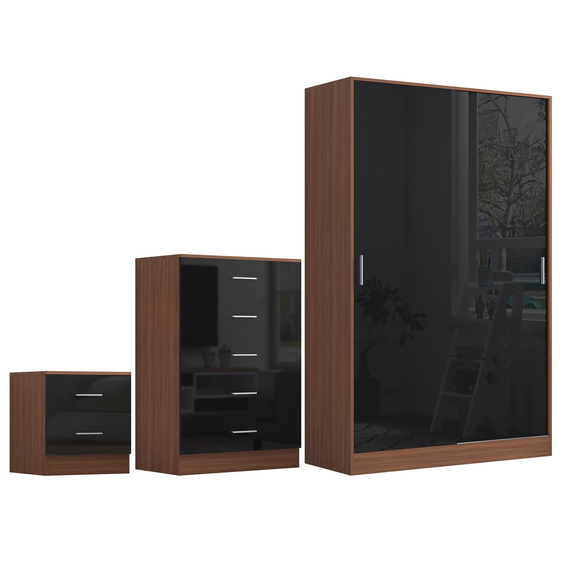 Reflect 2 Door Sliding Wardrobe, 5 Drawer Chest, 2 Drawer Bedside - Black Gloss & Walnut - Modern Bedroom Furniture Set