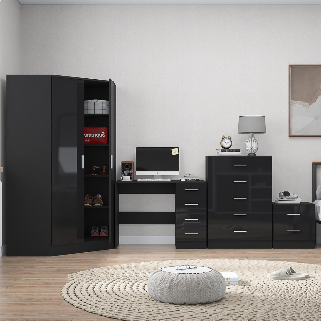 REFLECT Gloss 4pc Set - 2 Door Corner Wardrobe + 5 Draw Chest + Bedside + Desk