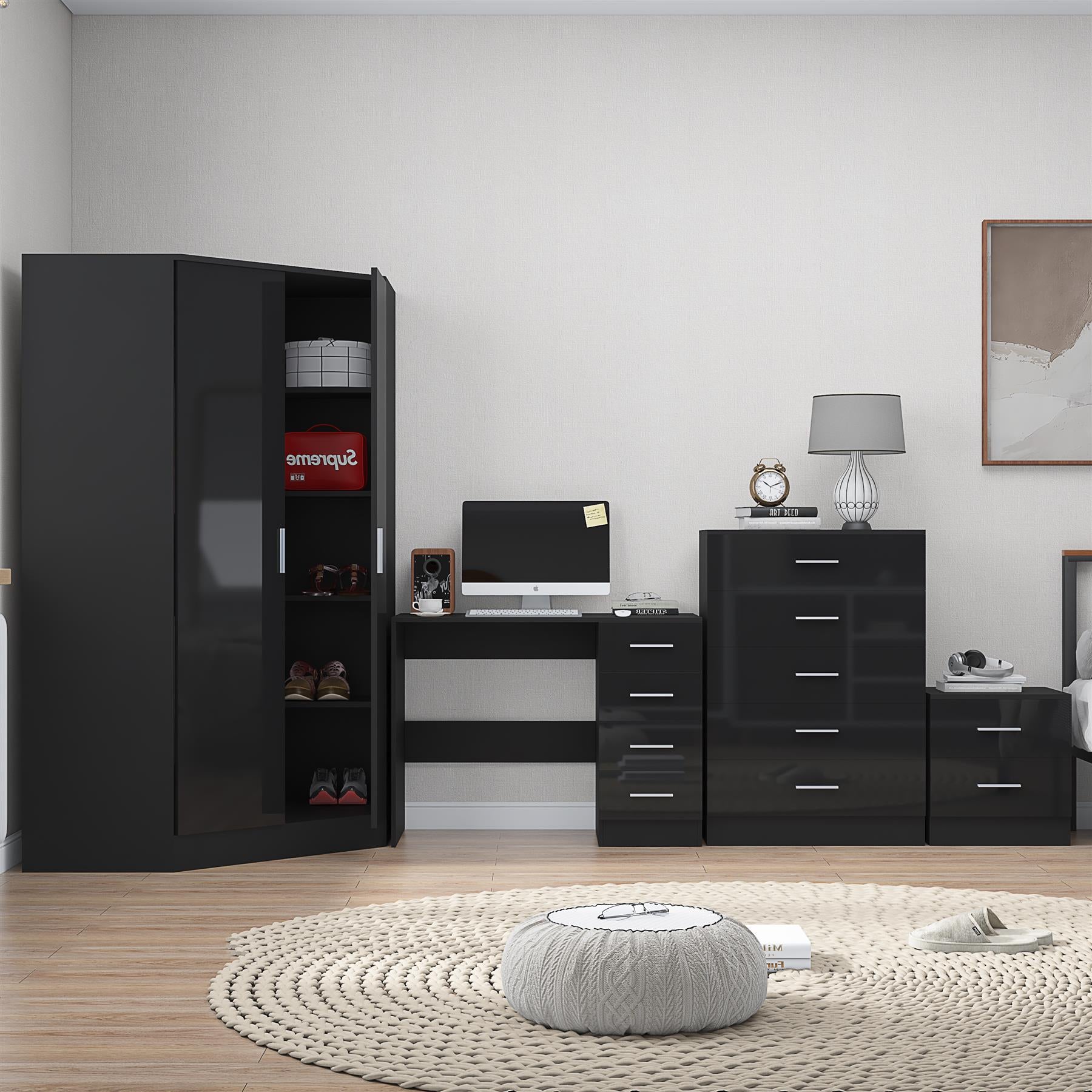 REFLECT Gloss 4pc Set - 2 Door Corner Wardrobe + 5 Draw Chest + Bedside + Desk