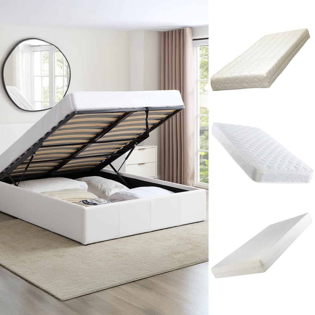 LUNA Faux Leather Ottoman Storage Bedframe in White 4 Size + Mattress Options