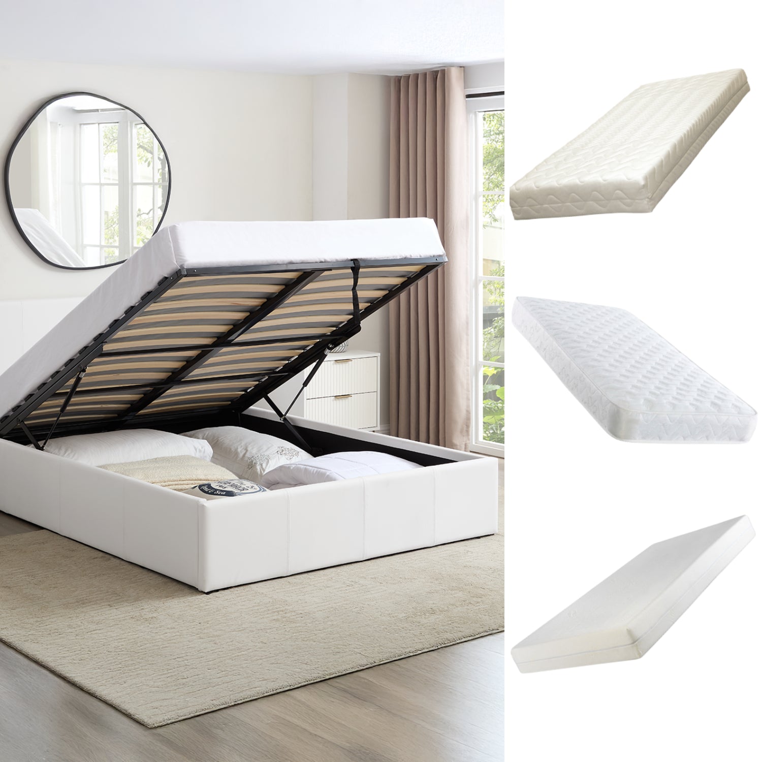 LUNA Faux Leather Ottoman Storage Bedframe in White 4 Size + Mattress Options