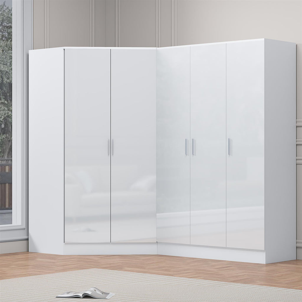 Reflect 2pc Wardrobe Bundle - 2 Door Corner + 3 Door Plain - White Gloss & Matt White - H: 180cm x W: 179cm x D: 103cm