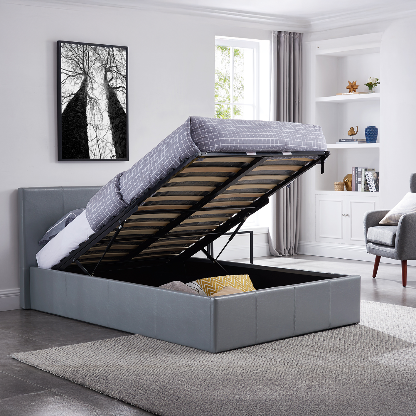 LUNA 5FT Kingsize Faux Leather Ottoman Storage Bed-Mattress & Colour Options