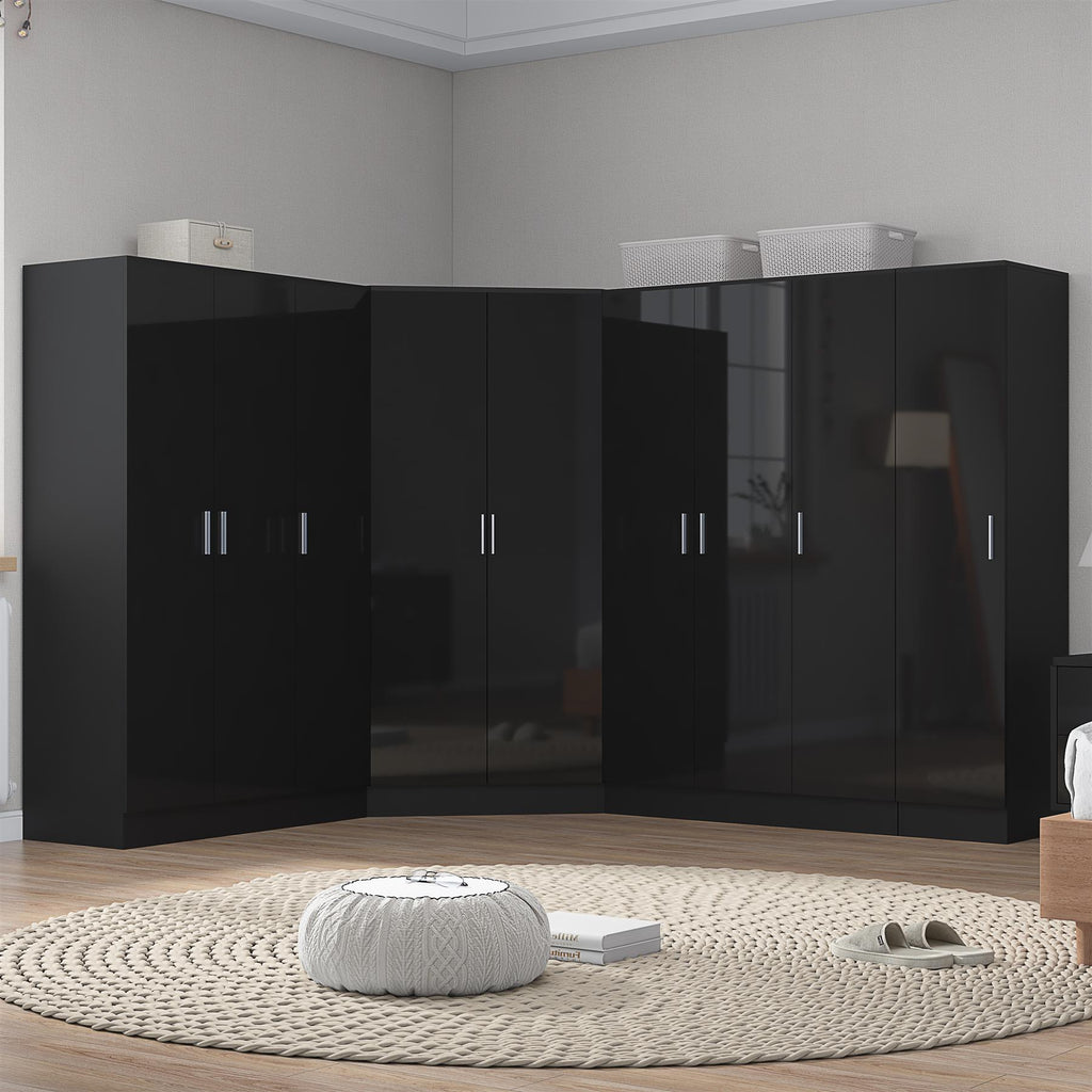 Reflect 4pc Wardrobe Bundle - 2 Door Corner + 2x 3 Door Plain + 1 Door Plain - Black Gloss & Black Oak