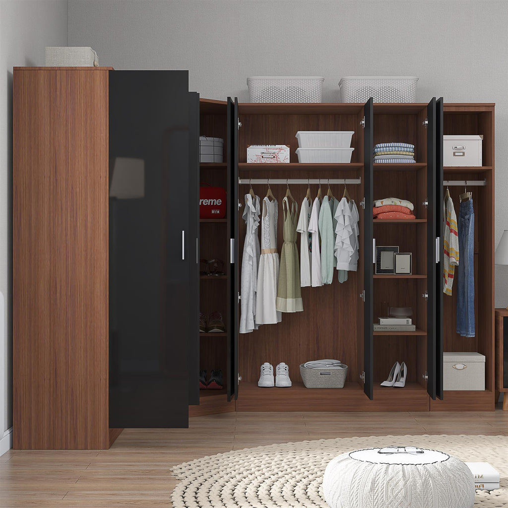 Reflect 4pc Wardrobe Bundle - 2 Door Corner + 3 Door Mirror + 2dr + 1dr Plain - Black Gloss & Walnut