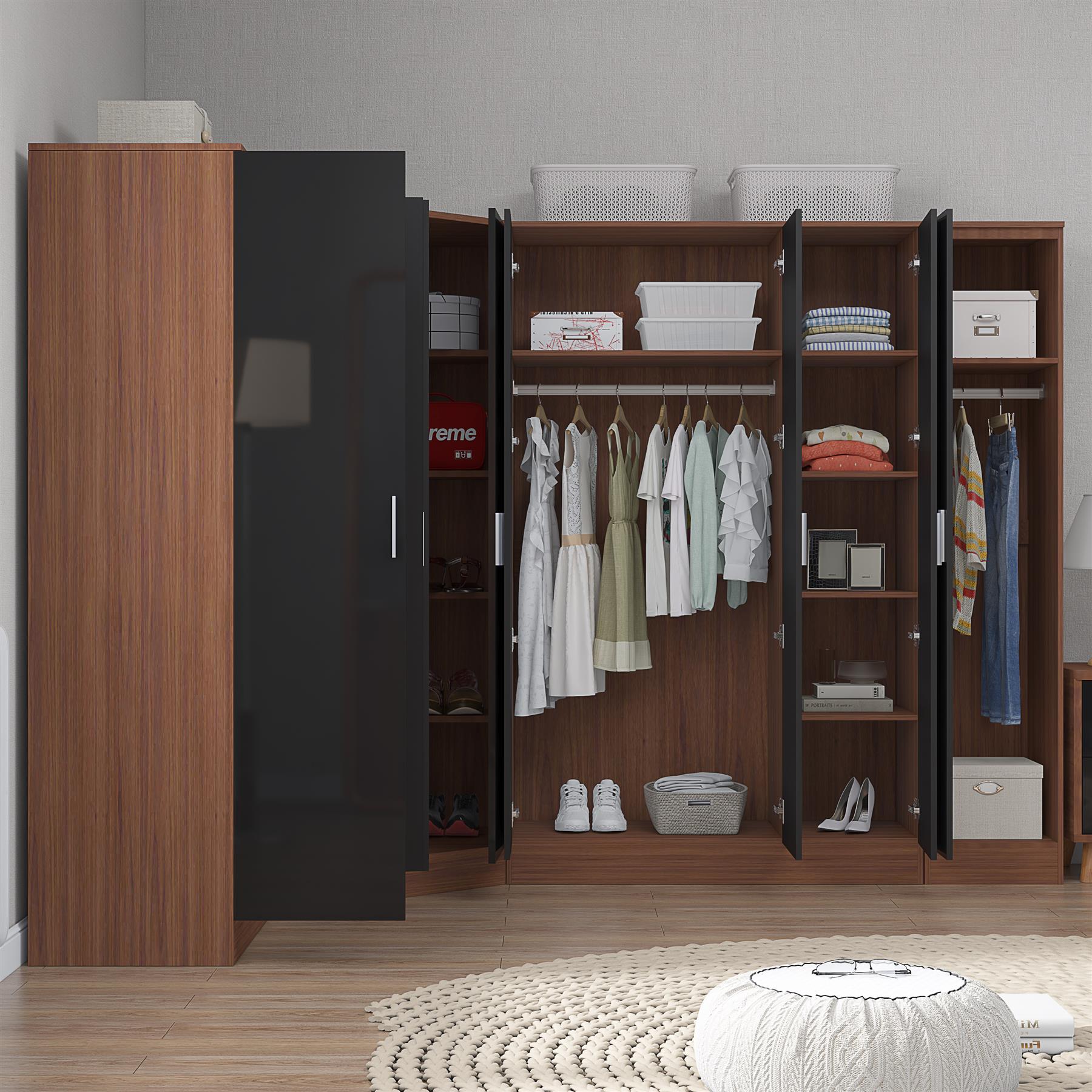 Reflect 4pc Wardrobe Bundle - 2 Door Corner + 3 Door Mirror + 2dr + 1dr Plain - Black Gloss & Walnut
