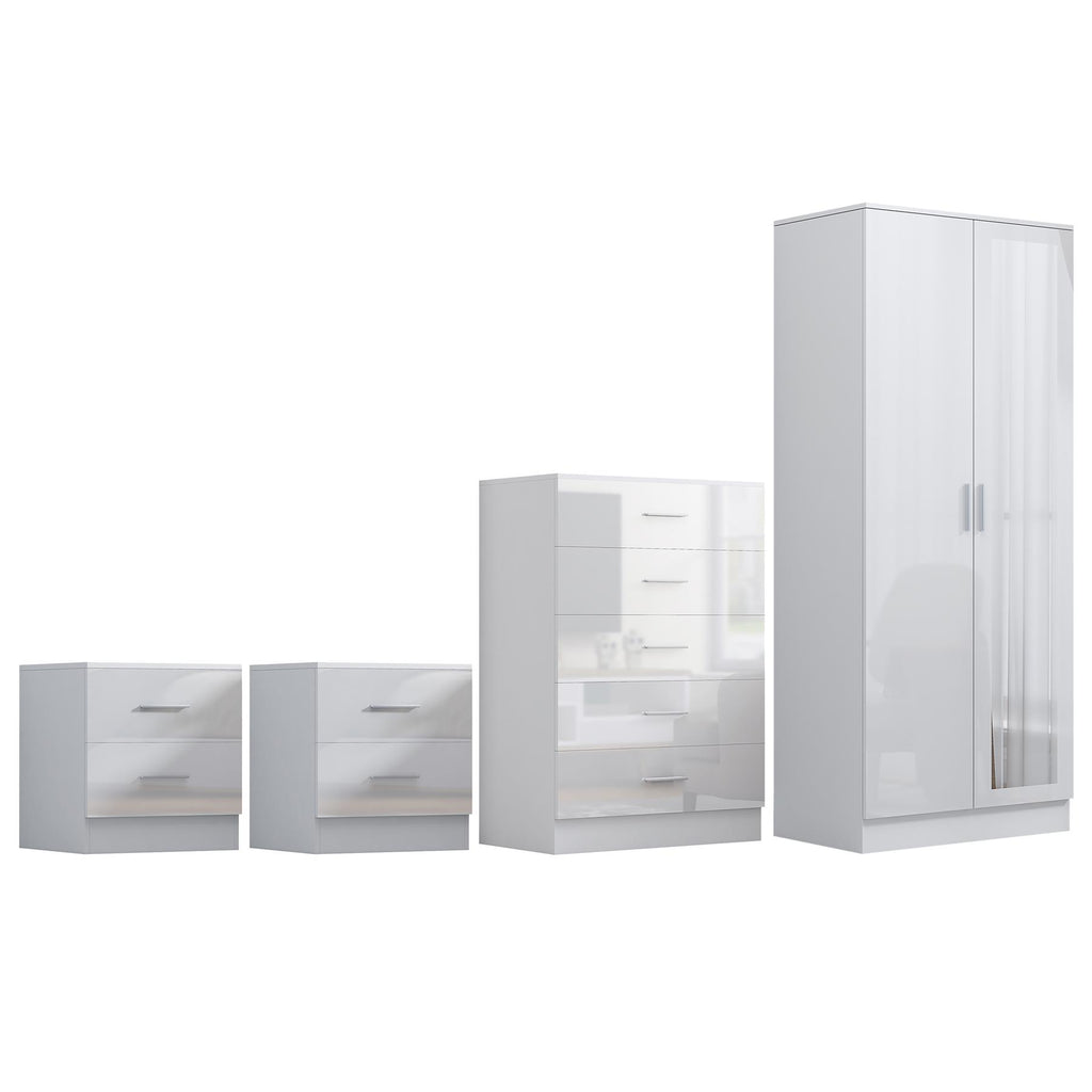 Reflect 2 Door Mirror Wardrobe, 5 Drawer Chest, 2x 2 Drawer Bedsides - White Gloss & Matt White - Modern Bedroom Furniture Set