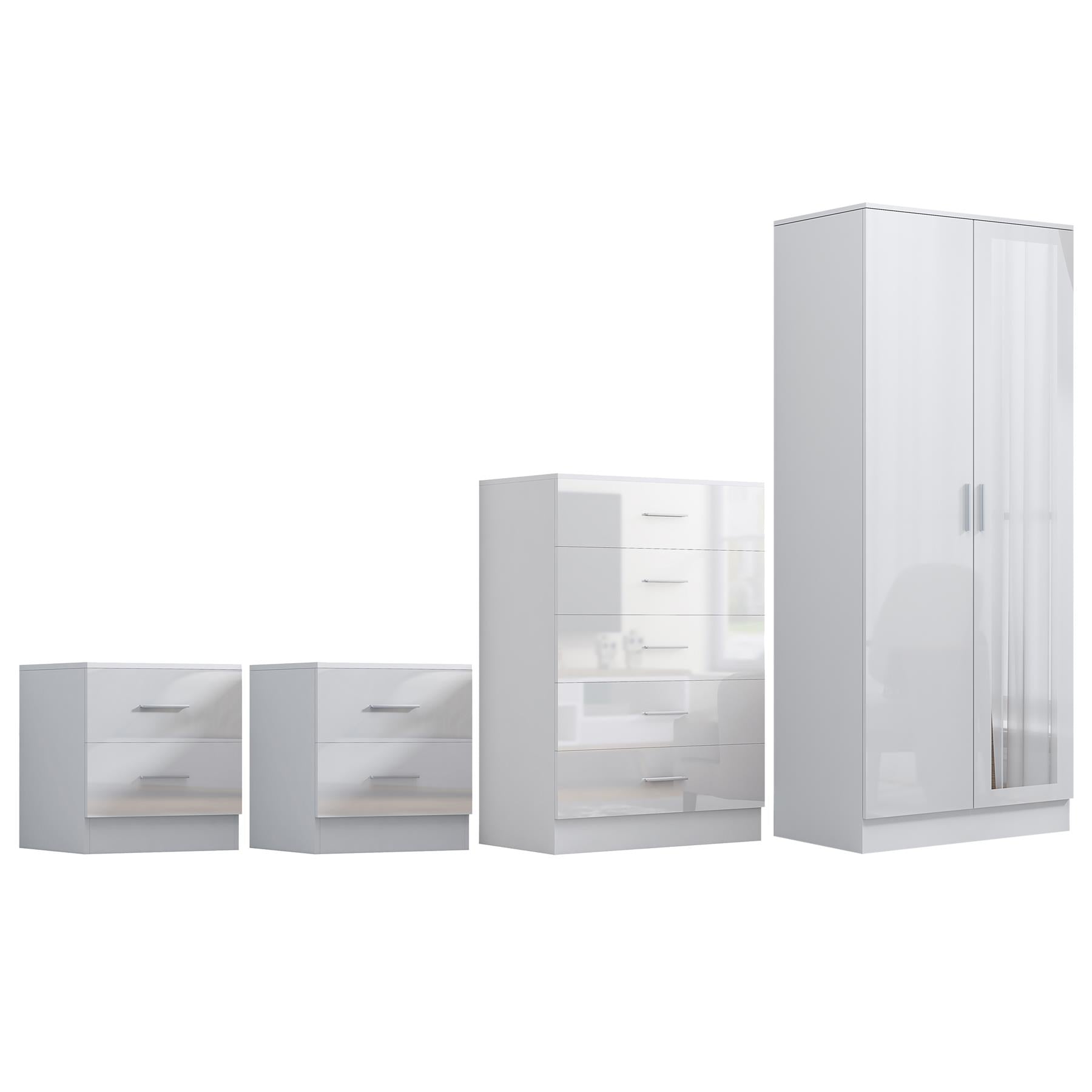 Reflect 2 Door Mirror Wardrobe, 5 Drawer Chest, 2x 2 Drawer Bedsides - White Gloss & Matt White - Modern Bedroom Furniture Set