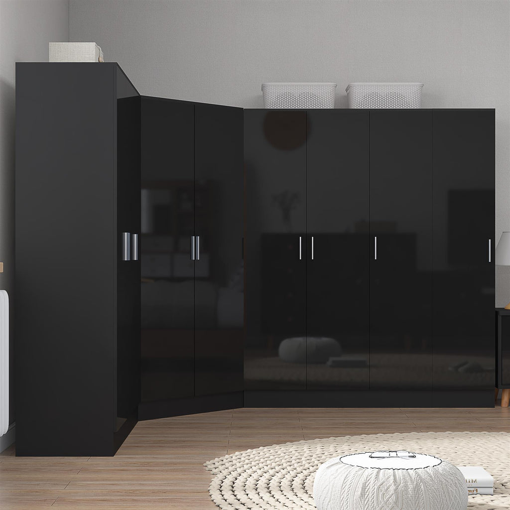 Reflect 4pc Wardrobe Bundle - 2 Door Corner + 2x 3 Door Plain + 1 Door Plain - Black Gloss & Black Oak